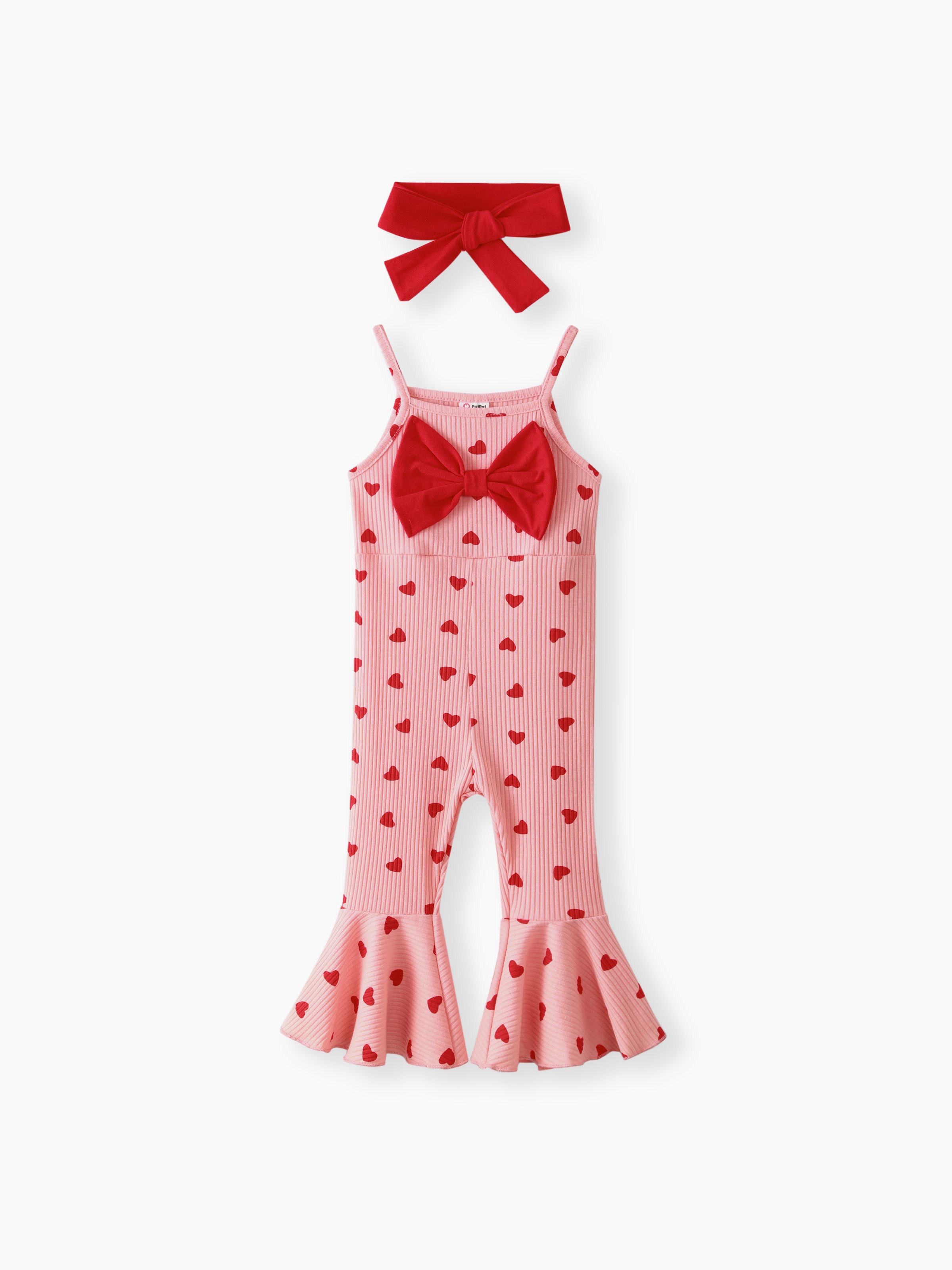 

2pcs Baby Girl Allover Heart Print Bow Front Bell Bottom Ribbed Cami Jumpsuit & Headband Set