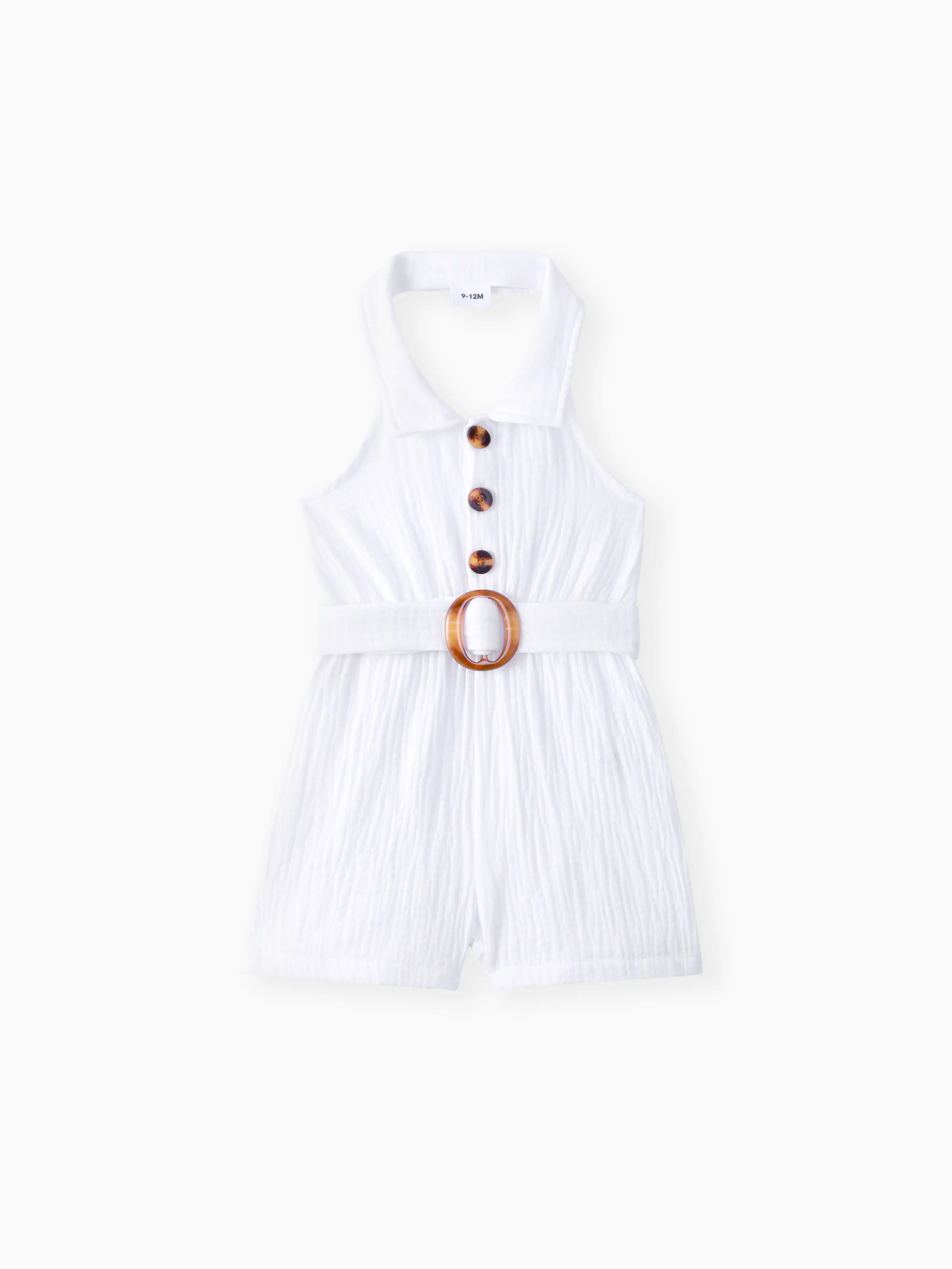 

Baby Girl Front Buttons Belted Lapel Neck Strappy Ribbed Rompers