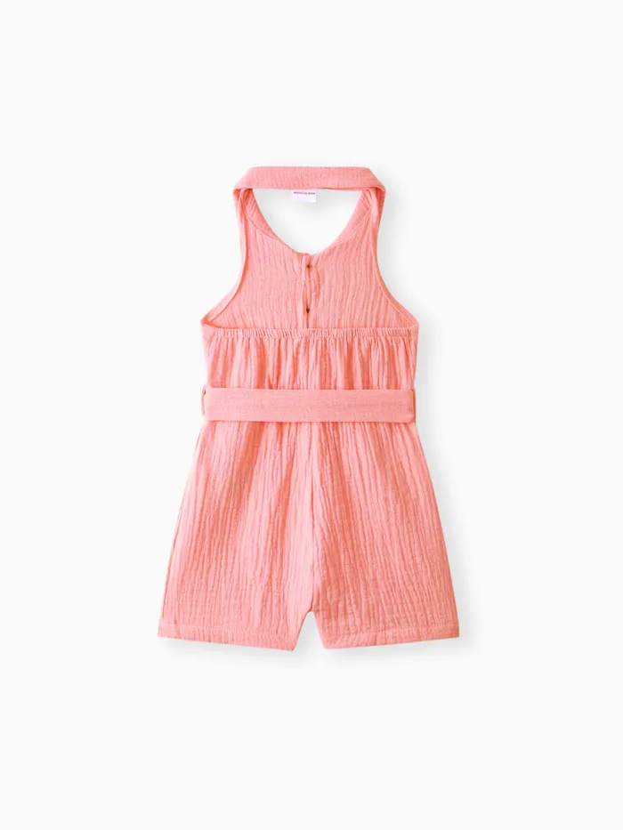 Baby Girl Front Buttons Belted Lapel Neck Strappy Ribbed Rompers