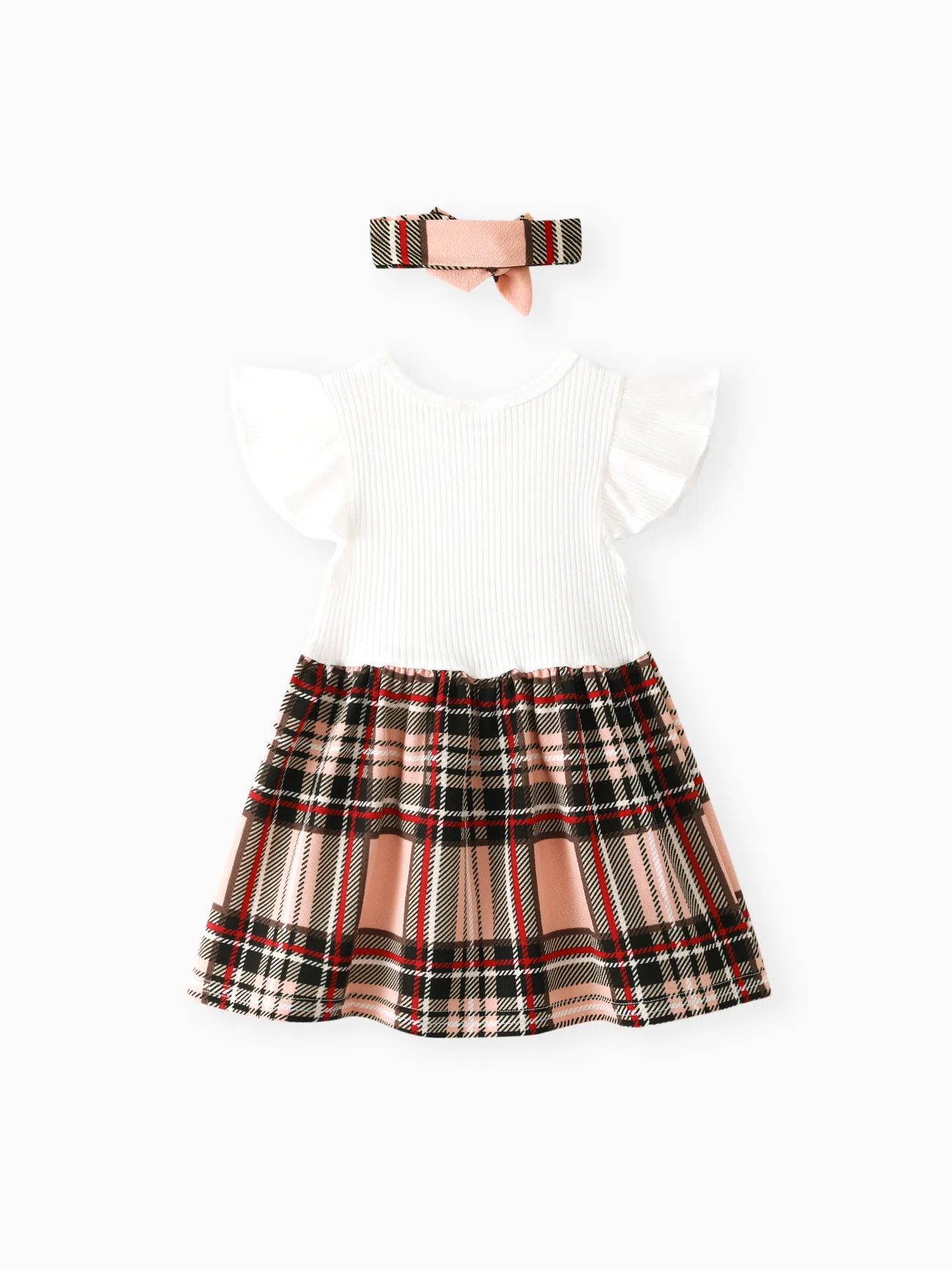 White - 2pcs Baby Girl 95% Cotton Ribbed Flutter-sleeve Splicing Plaid Bowknot Dress with Headband Set - image 2