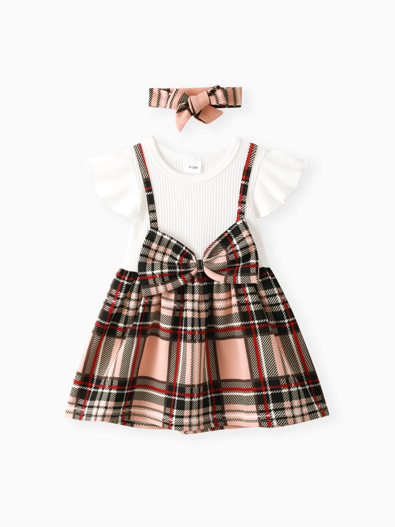 2 piezas bebé niña 95% algodón acanalado manga ondulada empalme plaid bowknot vestido con conjunto de diadema