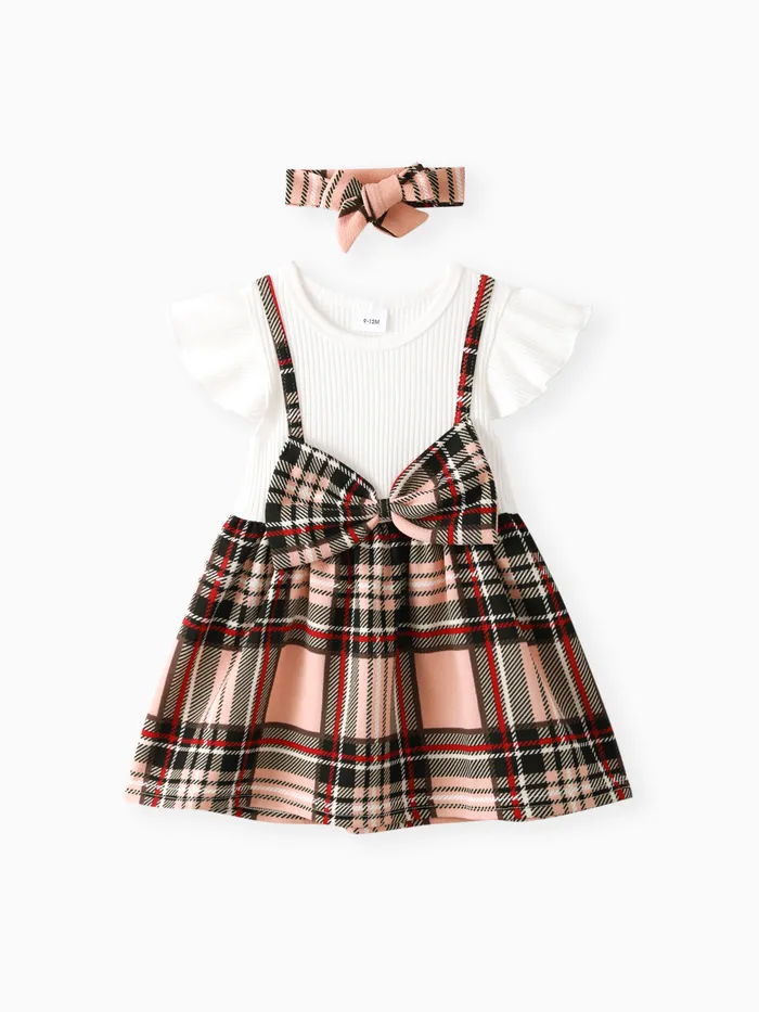 2pcs Baby Girl 95% Cotton Ribbed Flutter-sleeve Splicing Plaid Bowknot Dress with Headband Set