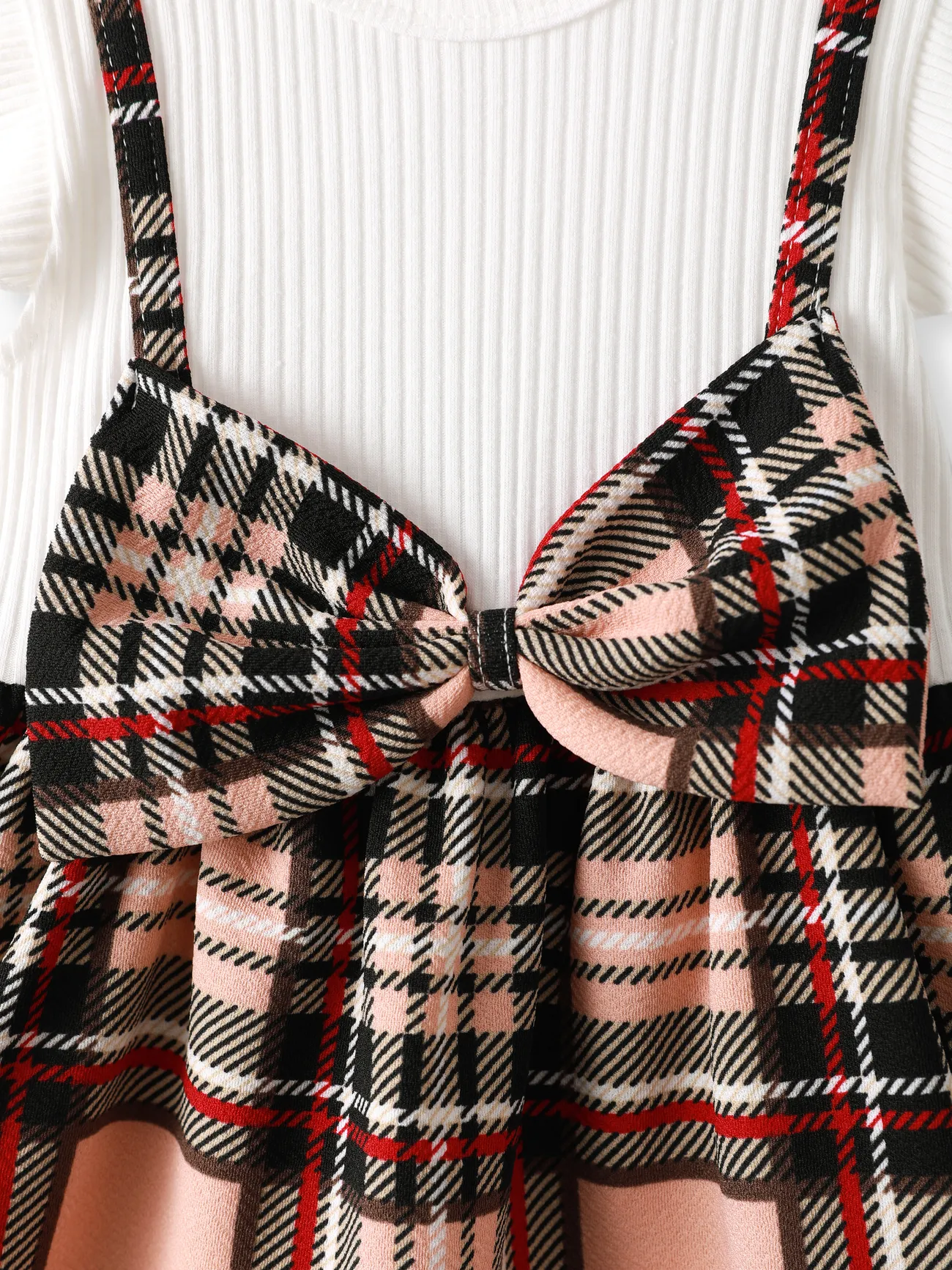 White - 2pcs Baby Girl 95% Cotton Ribbed Flutter-sleeve Splicing Plaid Bowknot Dress with Headband Set - image 4
