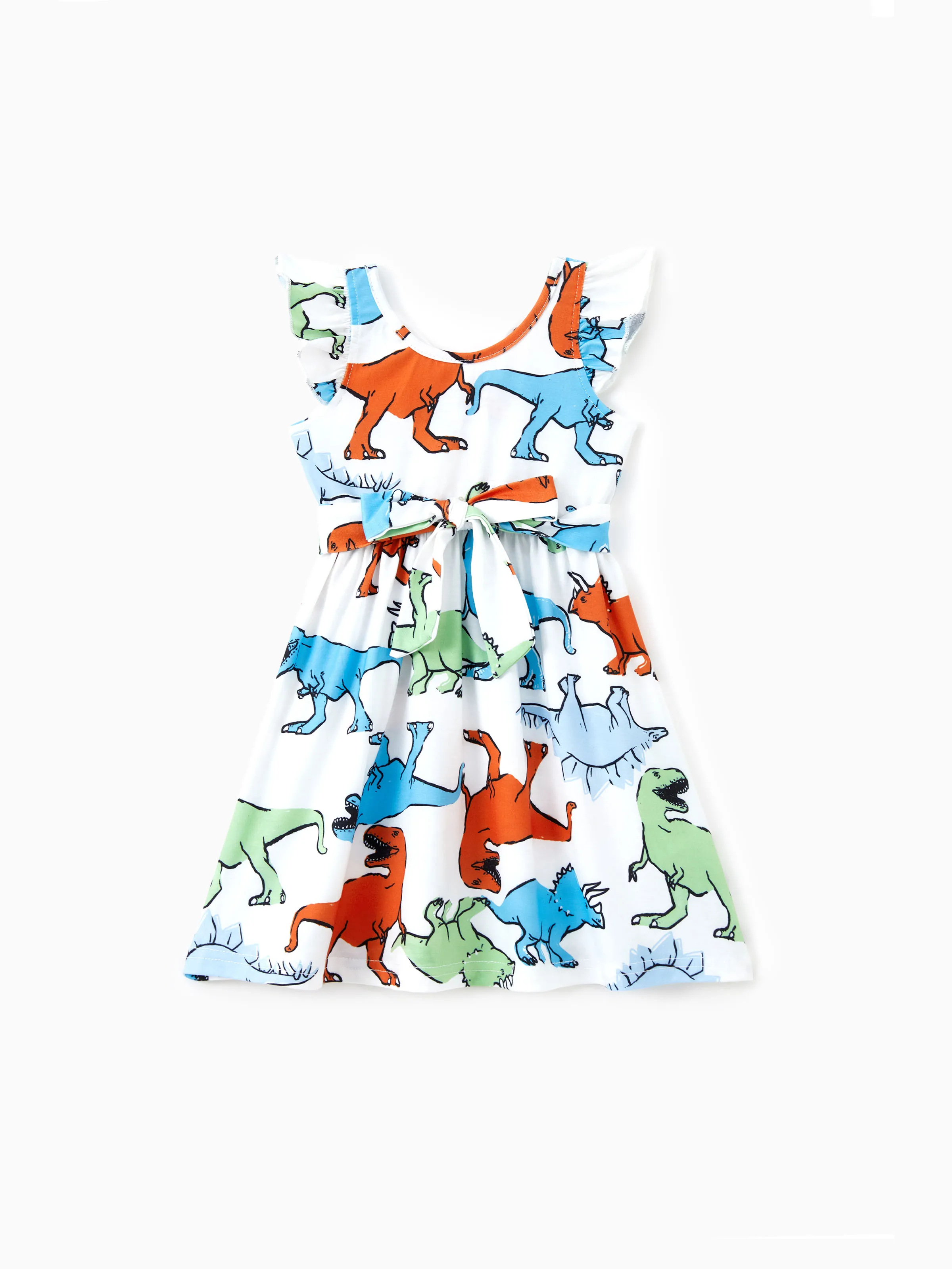 Familien-Matching-Sets Buntes Dinosaurier-Muster Hemd Oder Knopf Dekor Elastische Taille Rüschensaum Kleid