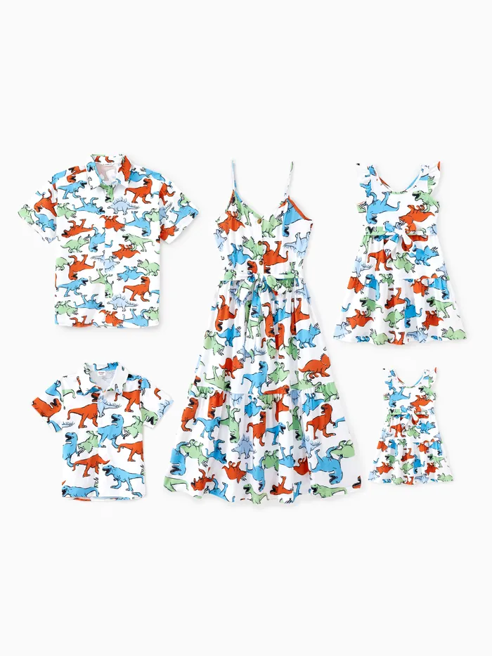 Family Matching Sets Colorful Dinosaur Pattern Shirt or Button Decor Elastic Waist Ruffle Hem Dress
