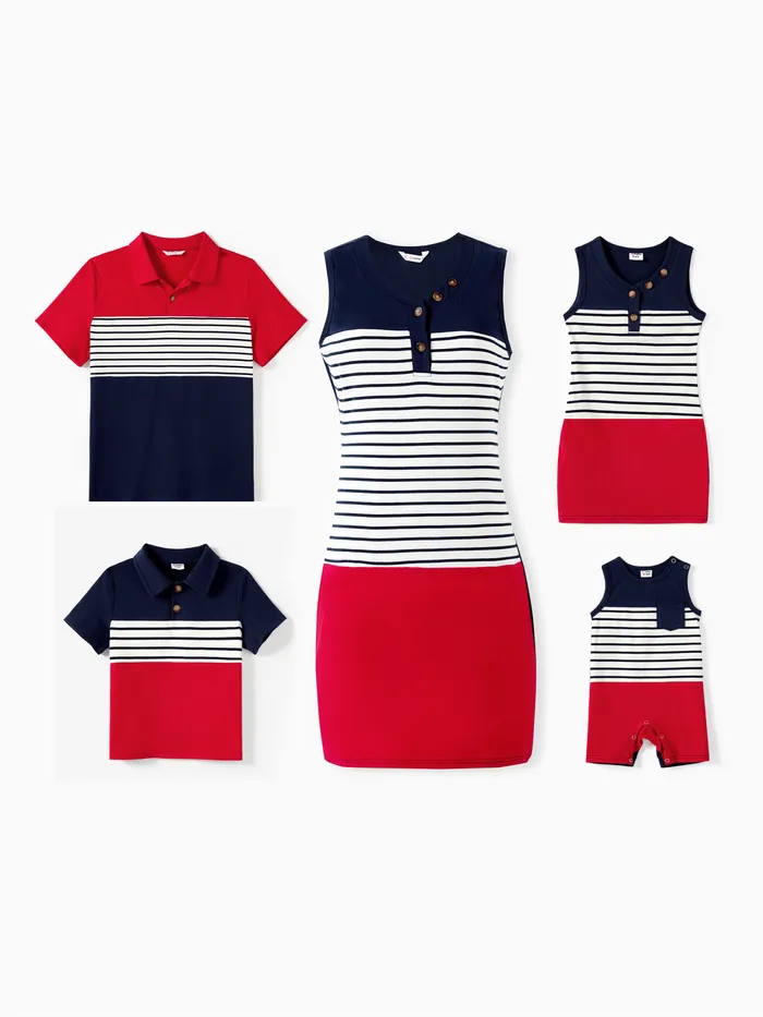 Family Matching Color Block Stripe Polo Shirt and V-Neck Button Body-con dress Sets