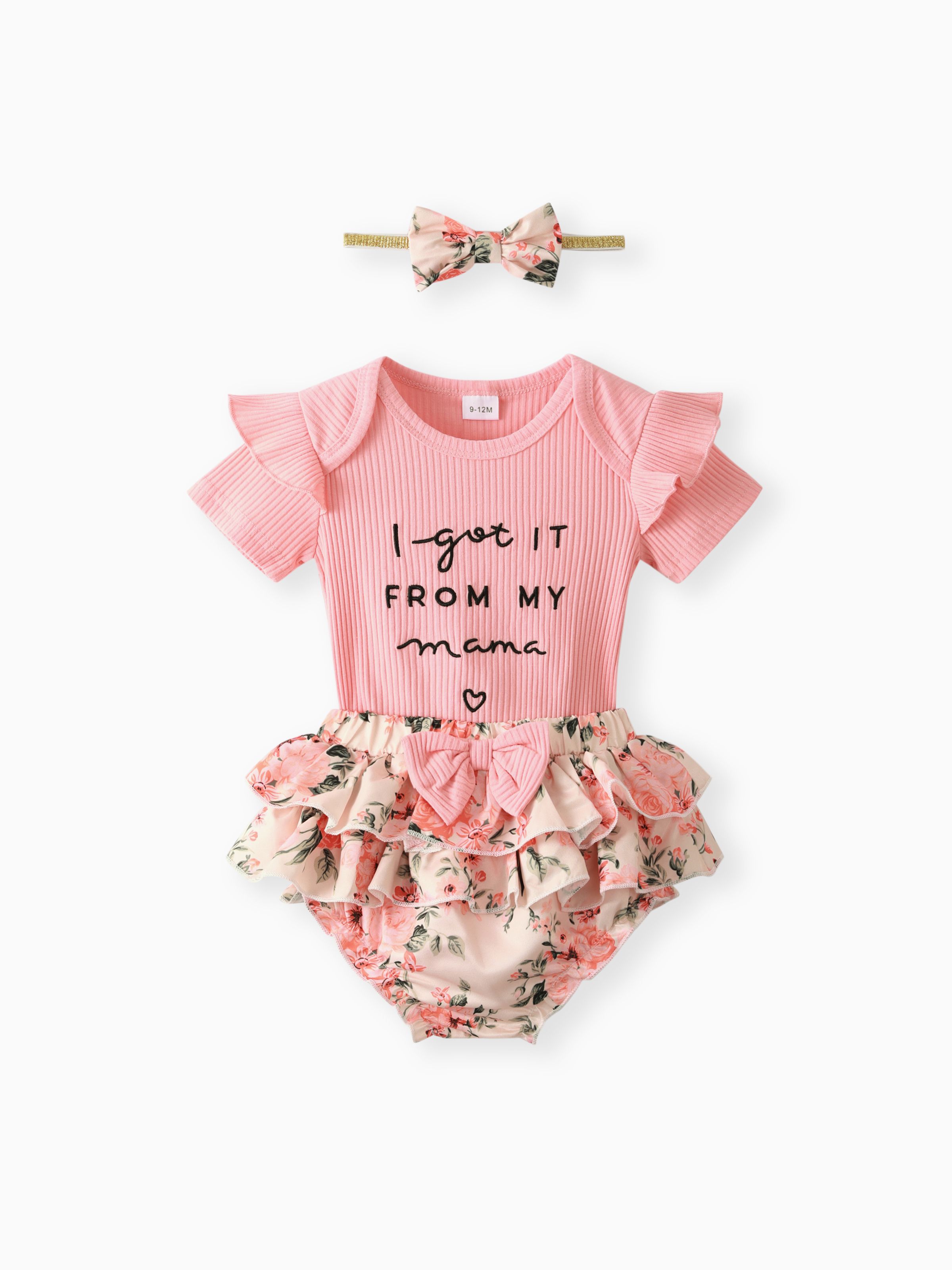 

3pcs Baby Girl 95% Cotton Ribbed Ruffle Short-sleeve Letter Embroidery Romper and Floral Print Layered Shorts with Headband Set