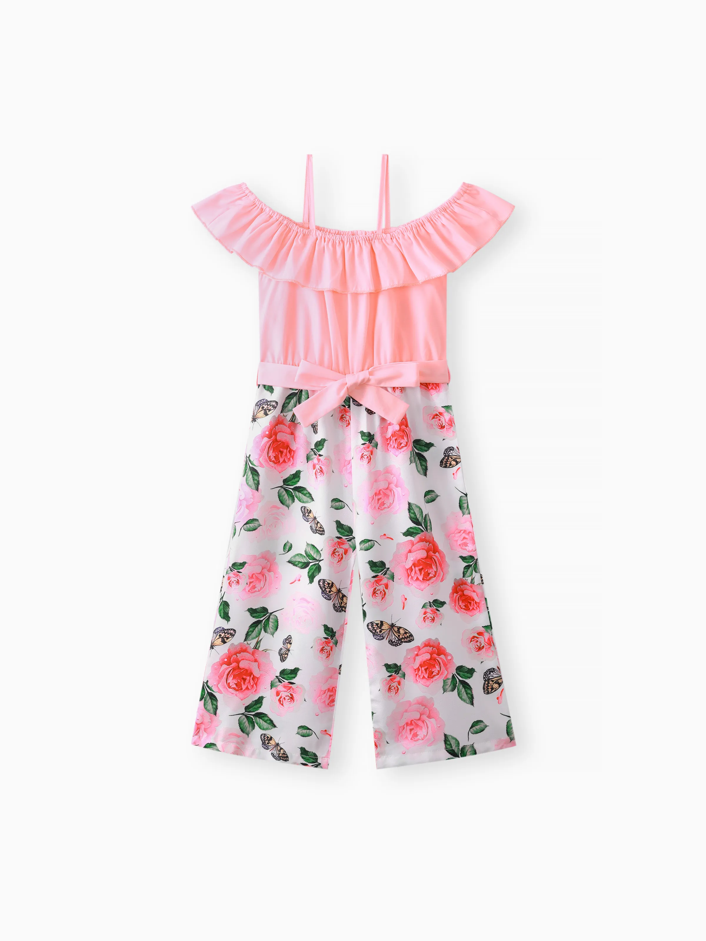 

Kid Firl Floral Print Splice Flounce Belted Off Shoulder Cami Jumpsuits