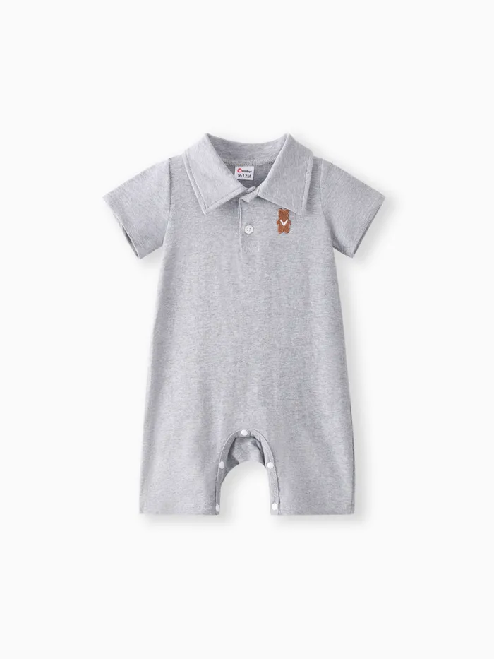 Baby Boy Bear Embroidered Polo Collar Button Up Short-sleeve Jumpsuit