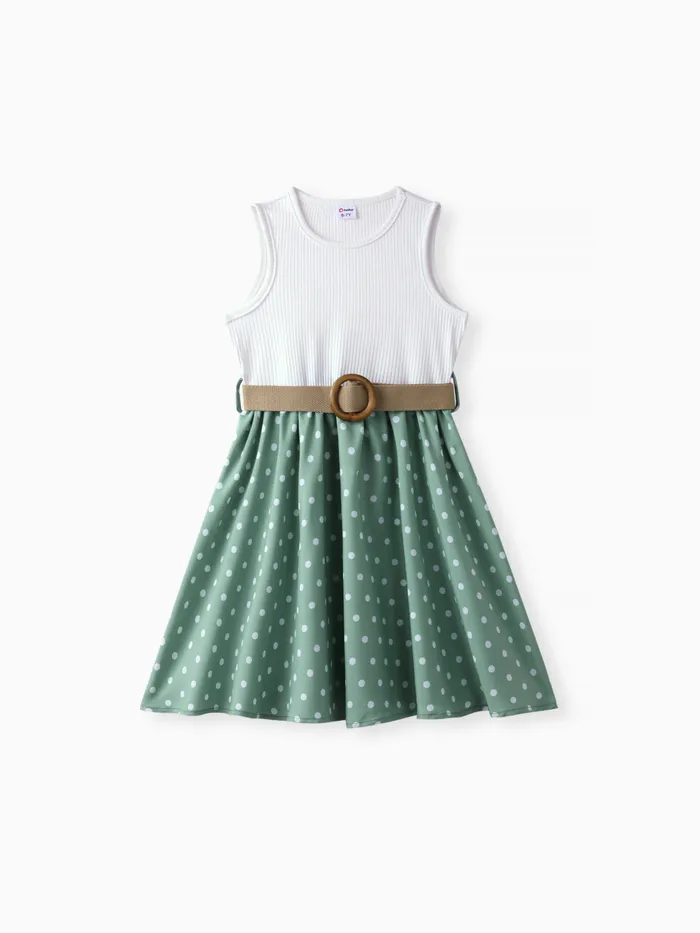 2pcs Kid Girl Polka dots Ribbed Splice Sleeveless Dress & Belt