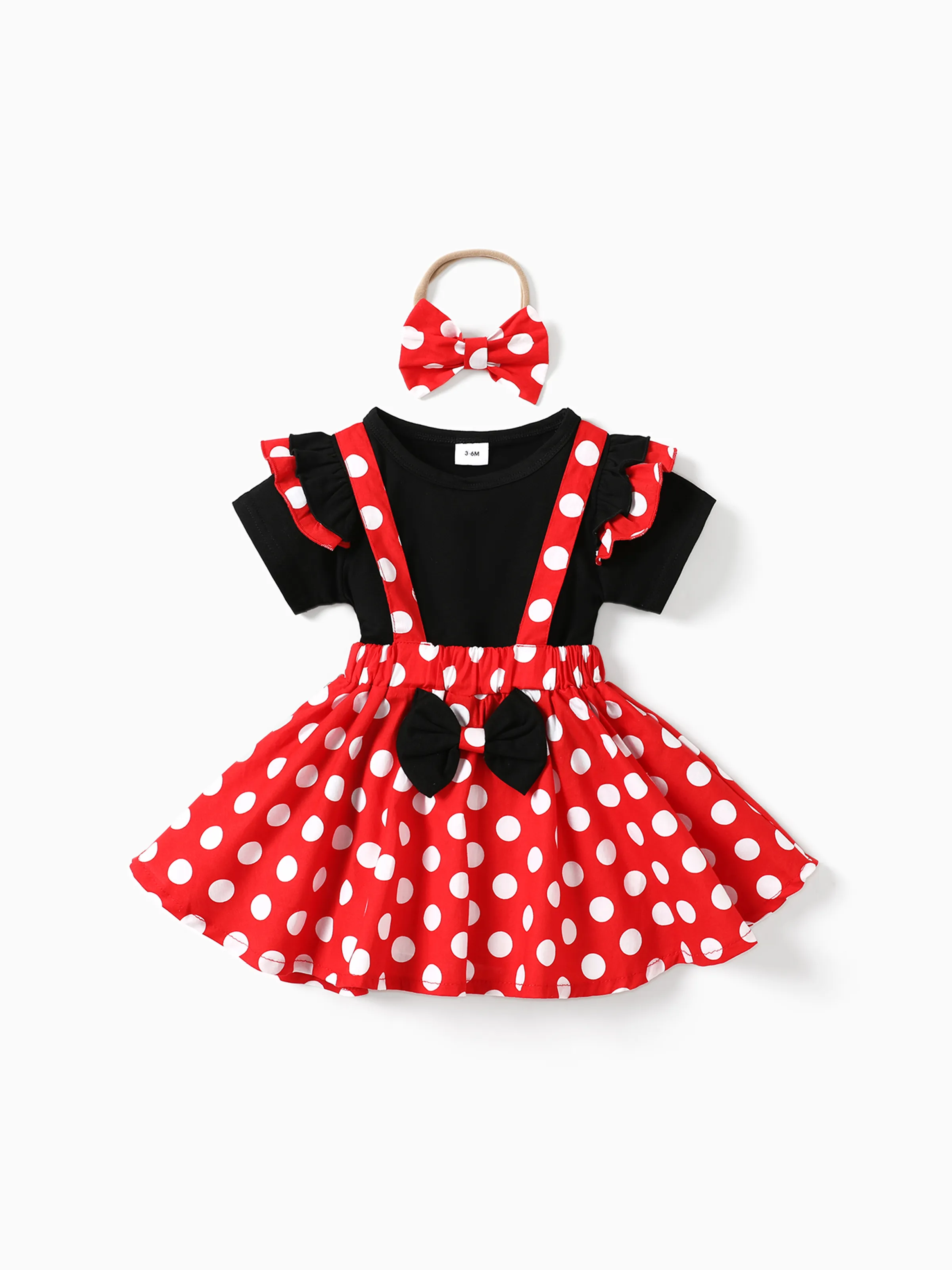 

3pcs Baby Girl 95% Cotton Ruffle Short-sleeve Top and Polka Dots Bowknot Suspender Skirt with Headband Set