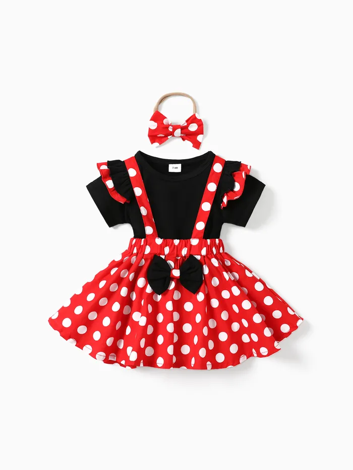 3pcs Baby Girl 95% Cotton Ruffle Short-sleeve Top and Polka Dots Bowknot Suspender Skirt with Headband Set