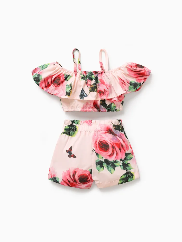 2pcs Baby Girl Floral Print Pink Off Shoulder Spaghetti Strap Ruffle Crop Top and Shorts Set