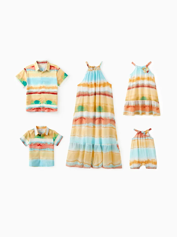 Family Matching Sets Rainbow Striped Tie-Dye Shirt or Flowy Ruffle Hem Halter Dress 