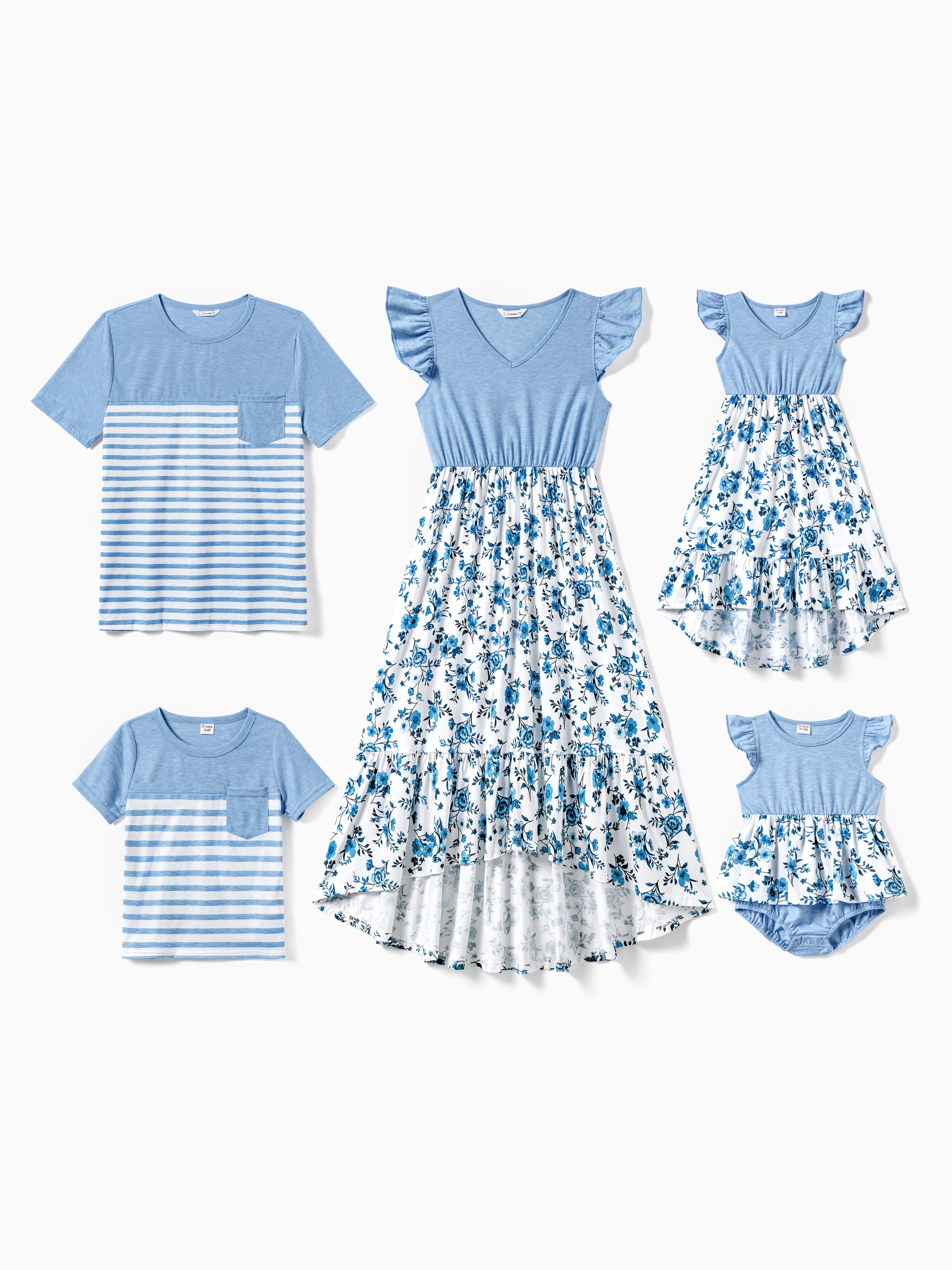 

Family Matching Light Blue V Neck Flutter-sleeve Splicing Floral Print Irregular Hem Dresses and Striped T-shirts Sets