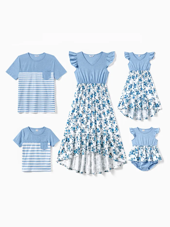 Family Matching Light Blue V Neck Flutter-sleeve Splicing Floral Print Irregular Hem Dresses and Striped T-shirts Sets
