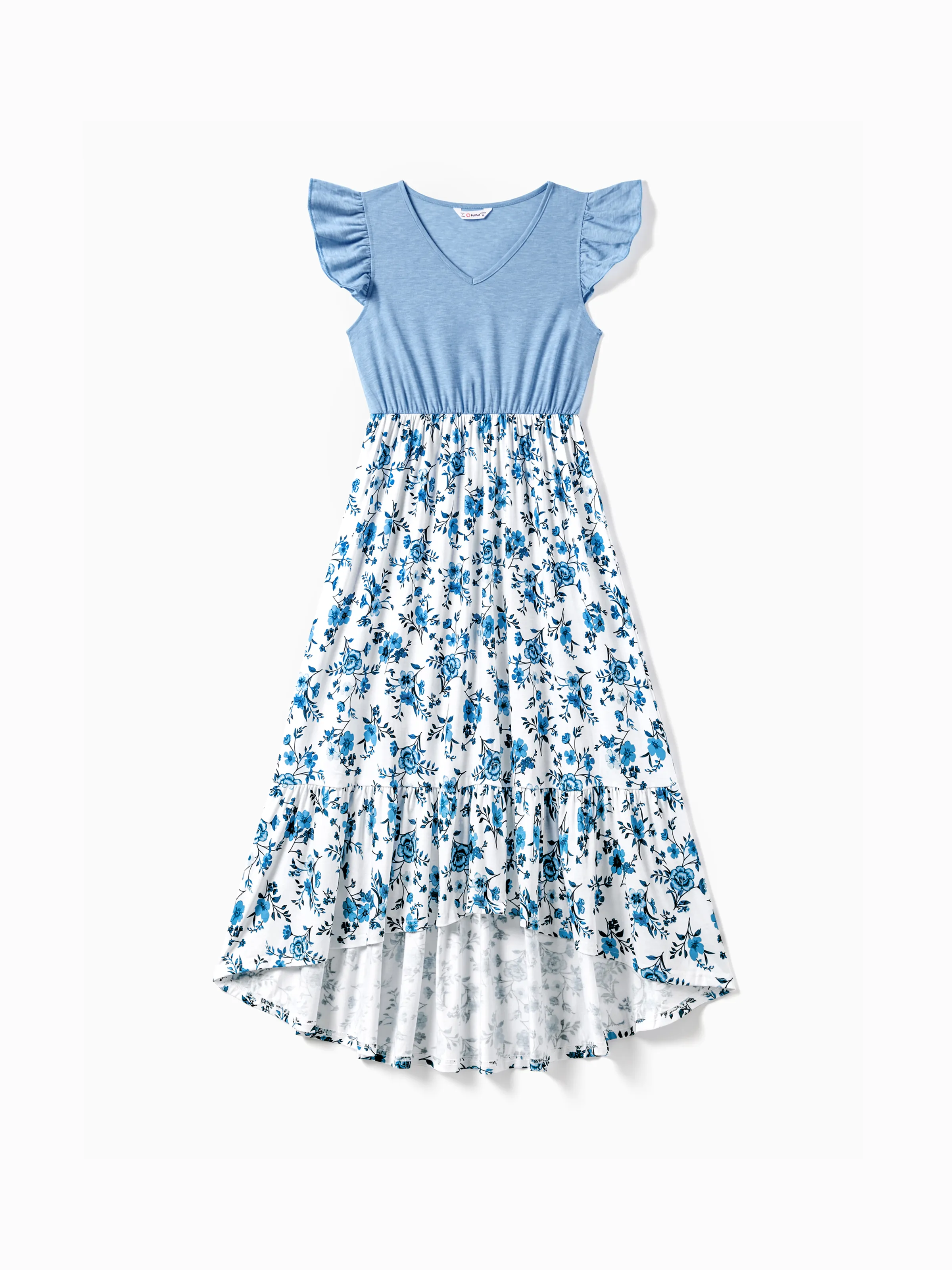 

Family Matching Light Blue V Neck Flutter-sleeve Splicing Floral Print Irregular Hem Dresses and Striped T-shirts Sets