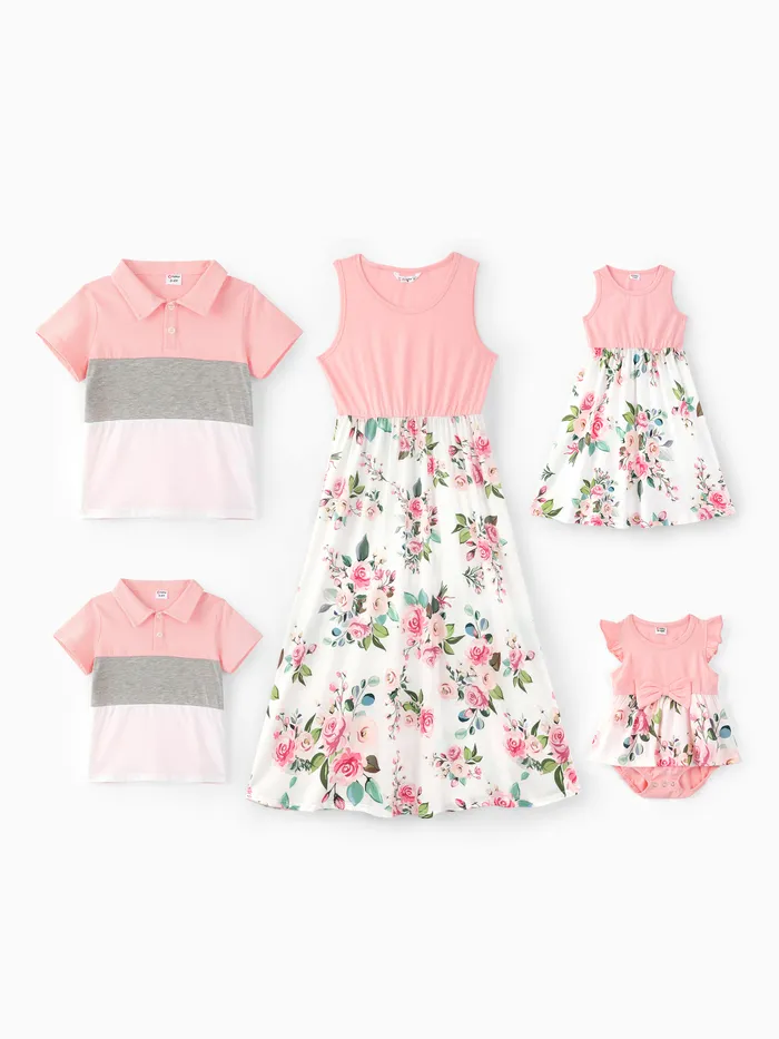 Family Matching Pink Sleeveless Splicing Floral Print Midi Dresses and Colorblock Short-sleeve Polo Shirts Sets