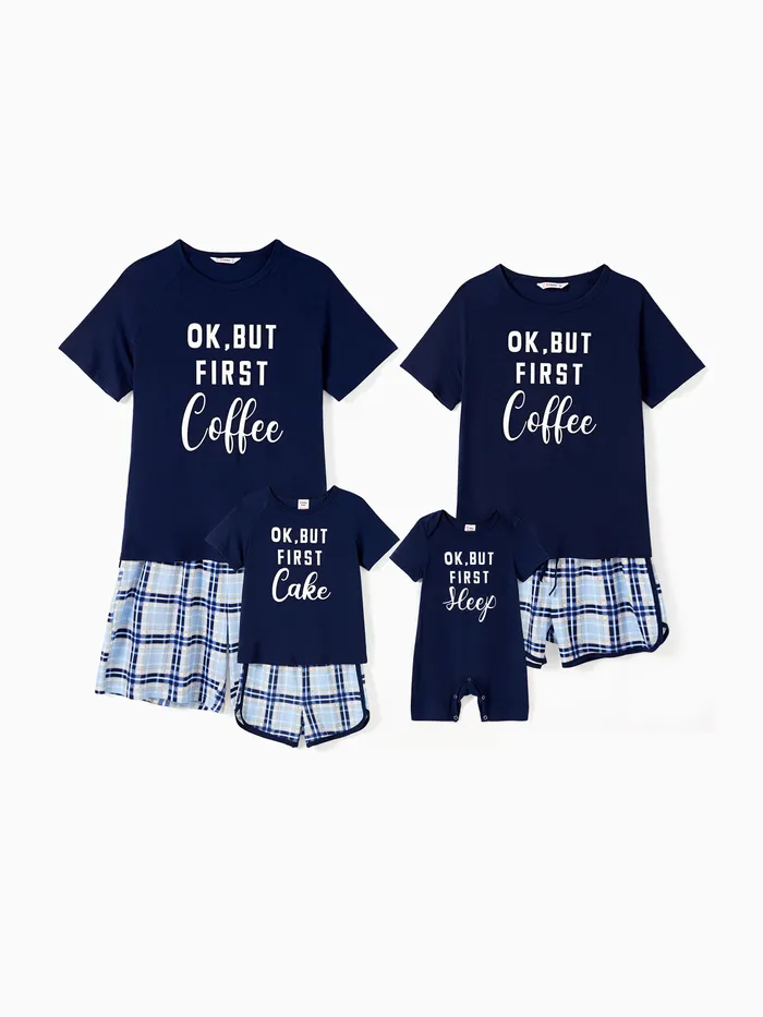 Family Matching Pajamas Sets Glow in the Dark Slogan Dark Blue Top and Plaid Drawstring Shorts (Flame Resistant)