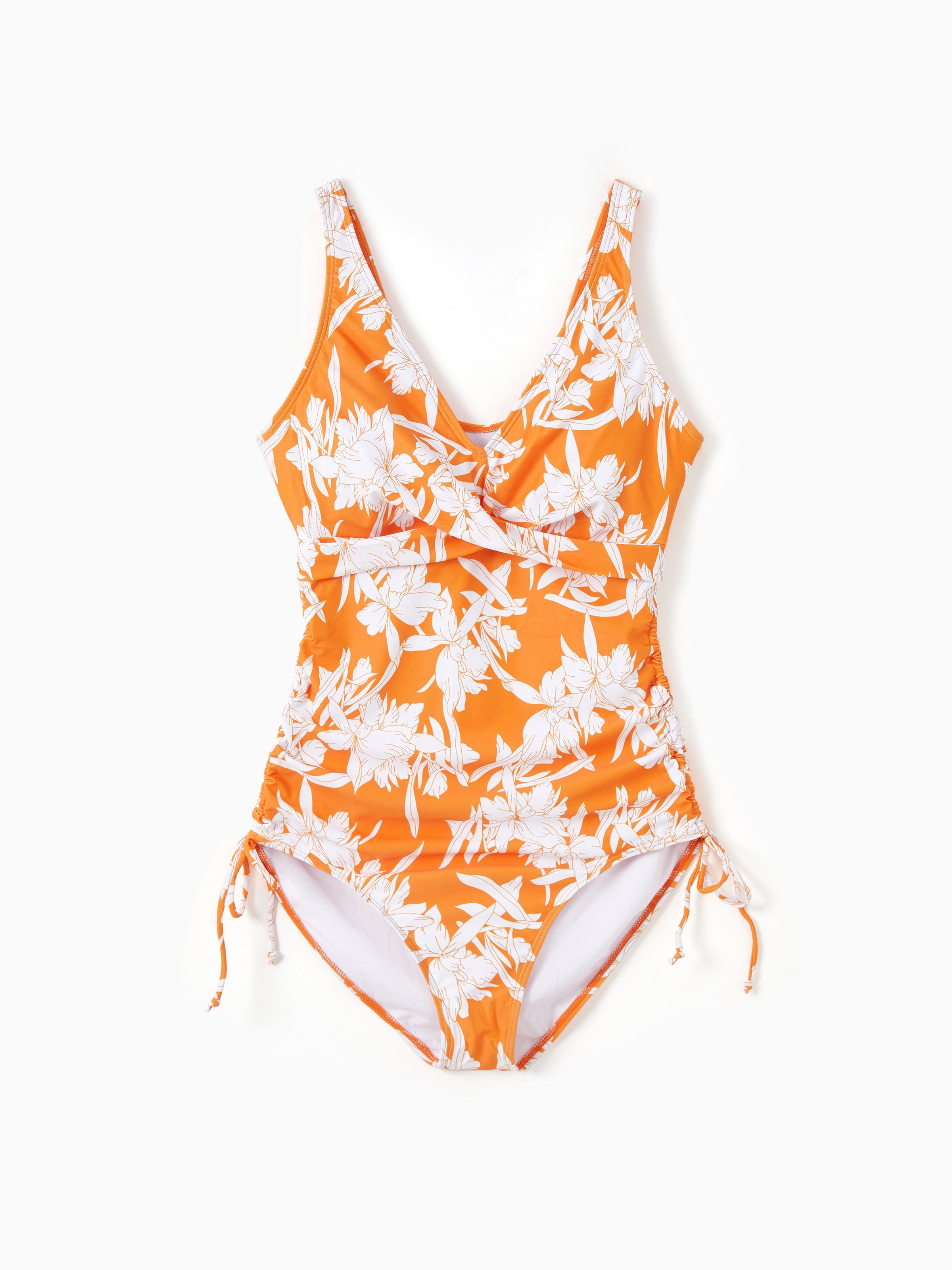 

Family Matching Orange Floral Drawstring Swim Trunks or Cross Front Drawstring Sides One-Piece Swimsuit