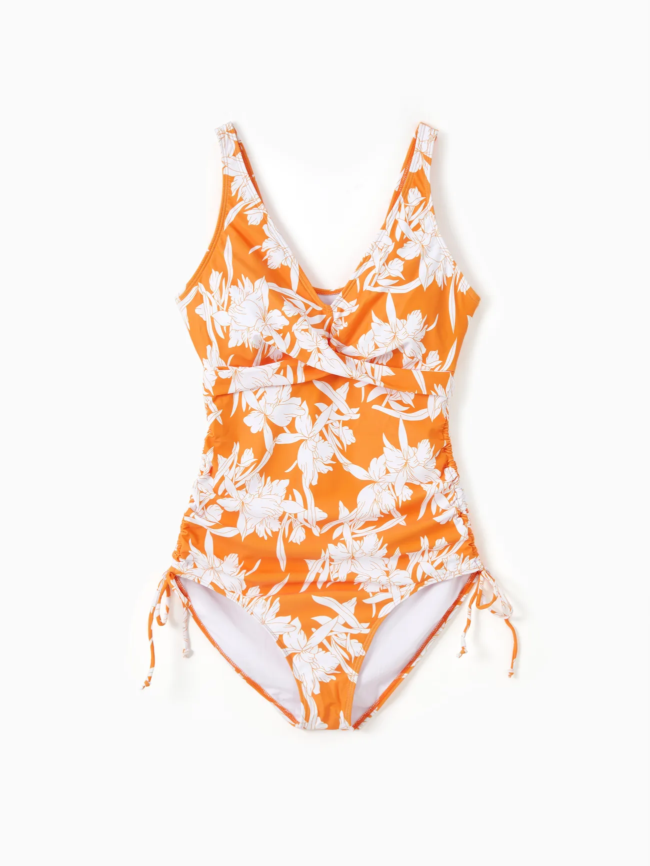 

Family Matching Orange Floral Drawstring Swim Trunks or Cross Front Drawstring Sides One-Piece Swimsuit