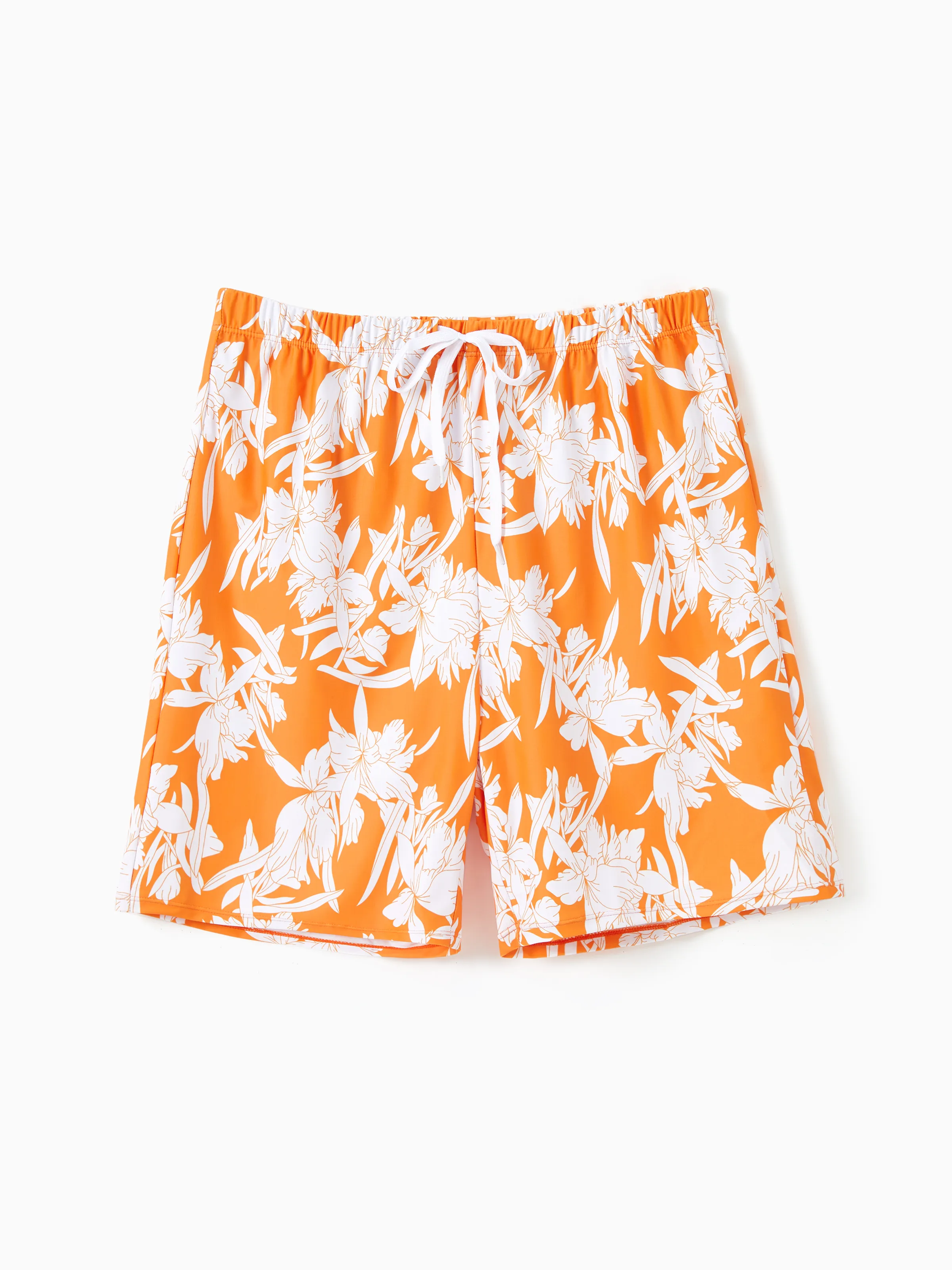 

Family Matching Orange Floral Drawstring Swim Trunks or Cross Front Drawstring Sides One-Piece Swimsuit