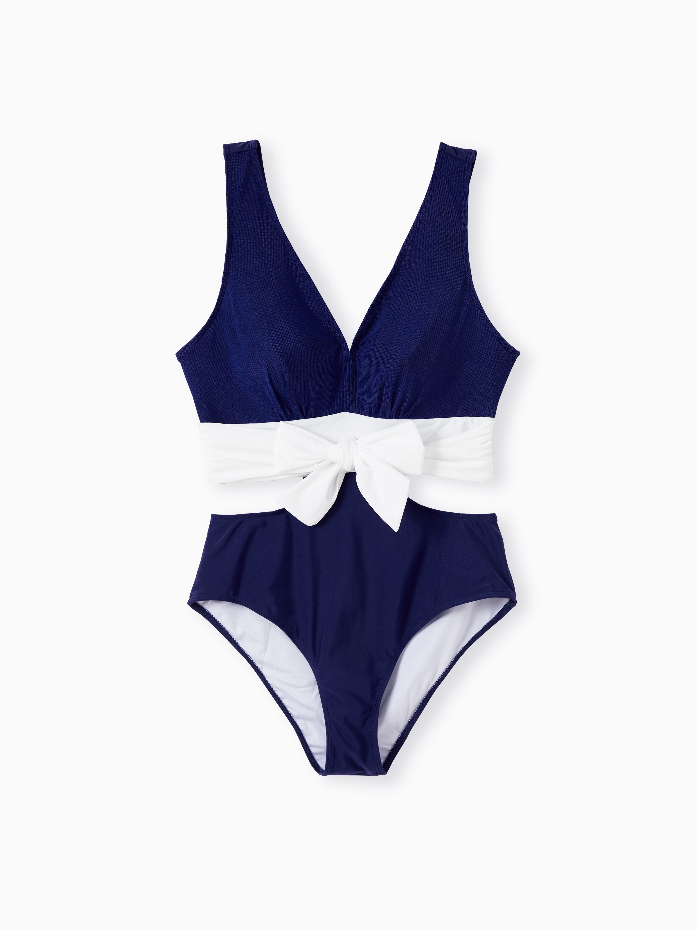 

Family Matching Swimsuit Drawstring Swim Trunks or V-neck Cut Out Waist Mesh Layer One-Piece Swimsuit