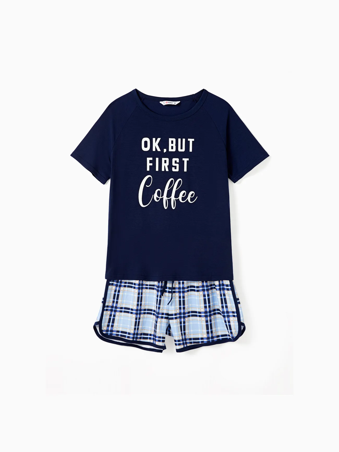 

Family Matching Pajamas Sets Glow in the Dark Slogan Dark Blue Top and Plaid Drawstring Shorts