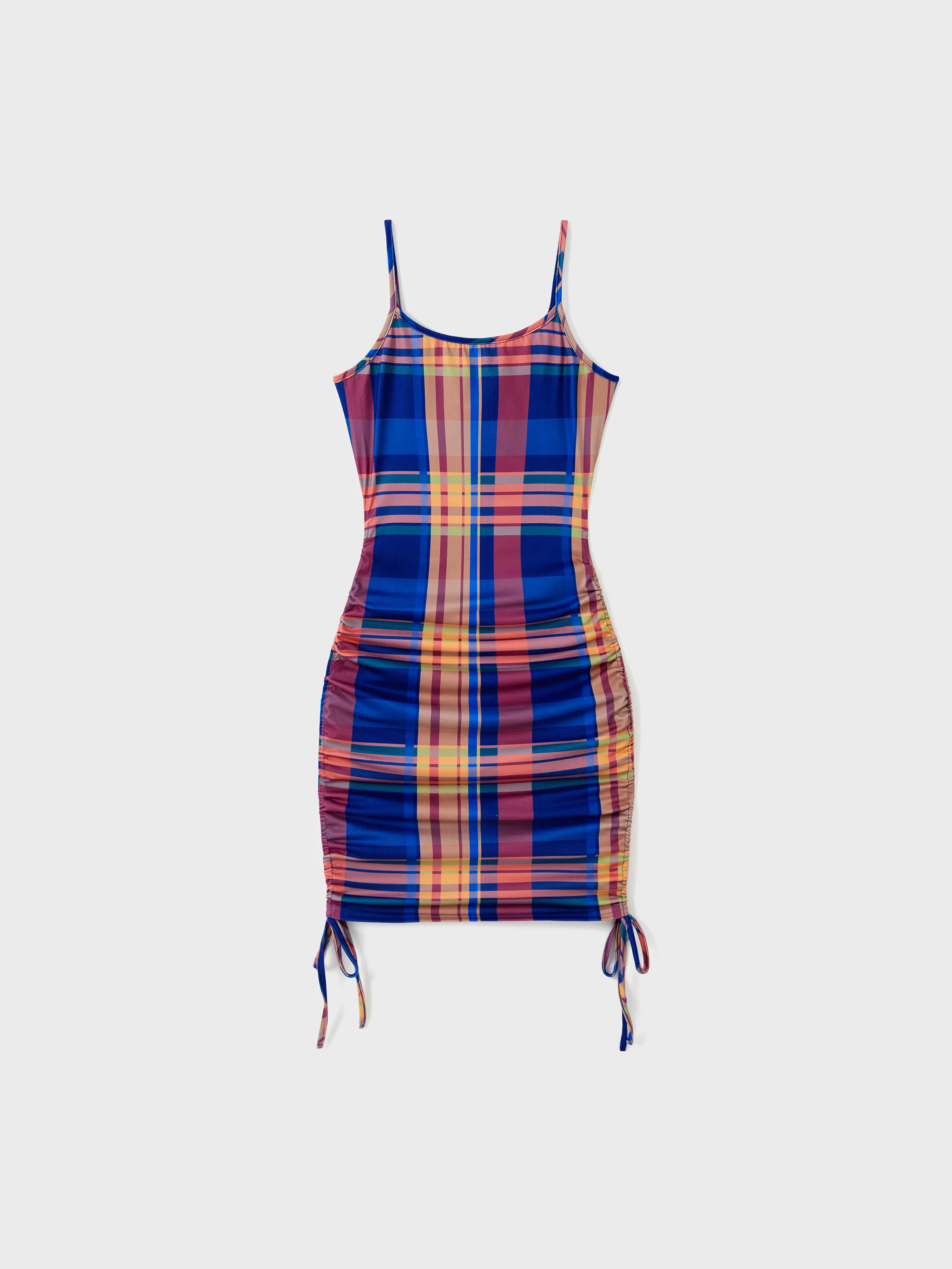 

Family Matching Sets Preppy Style Plaid Panel Tee or Ruched Design Drawstring Side Bodycon Strap Dress