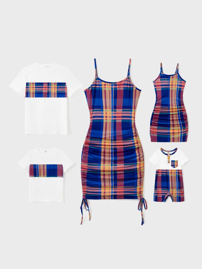 Family Matching Sets Preppy Style Plaid Panel Tee or Ruched Design Drawstring Side Bodycon Strap Dress