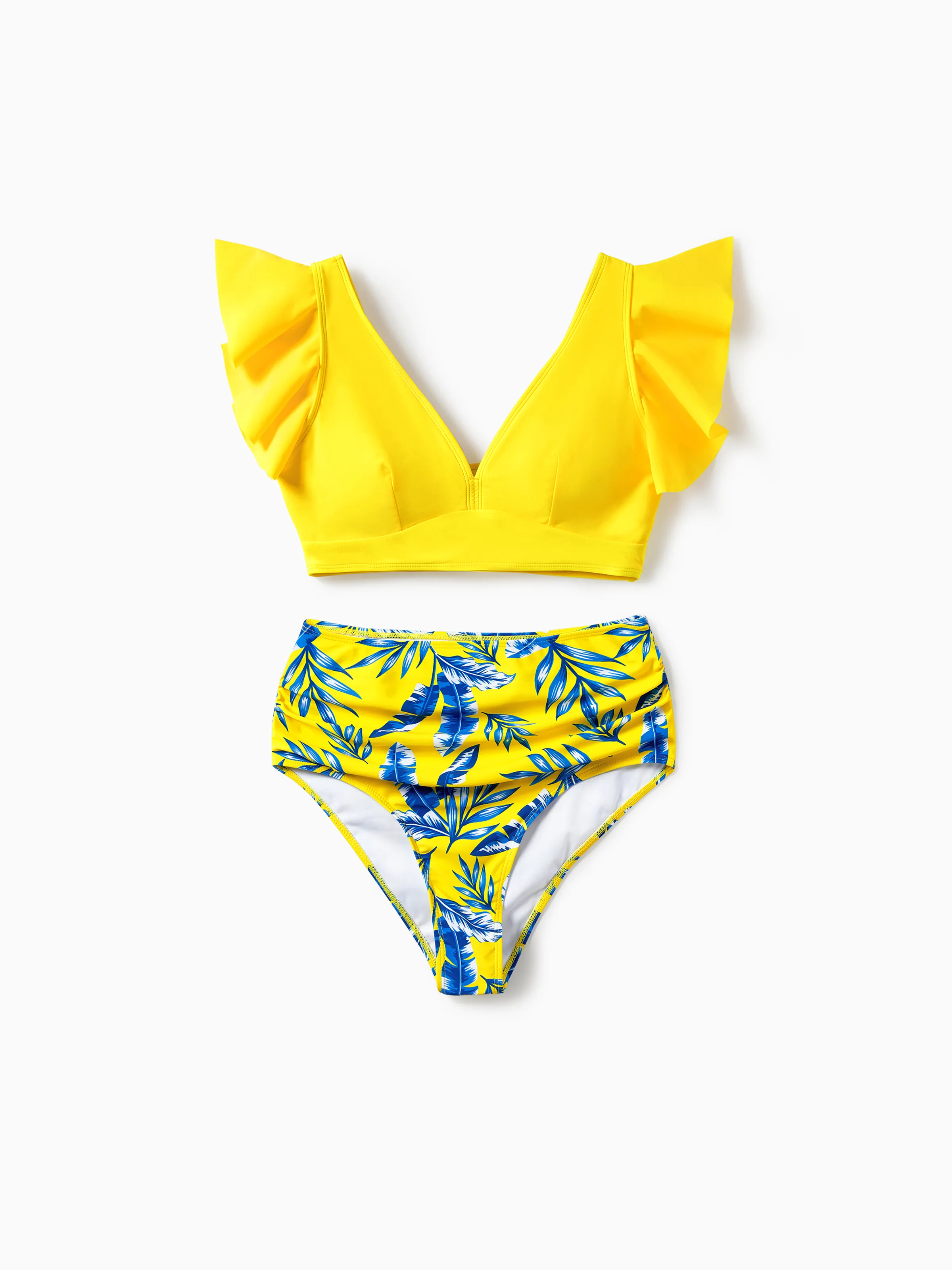 

Family Matching Yellow Leaf Print Swim Trunks or Ruched Flutter Sleeve Bikini with Optional Swim Cover Up