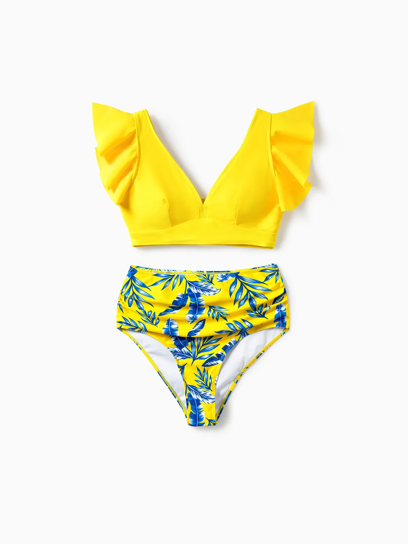 

Family Matching Yellow Leaf Print Swim Trunks or Ruched Flutter Sleeve Bikini with Optional Swim Cover Up