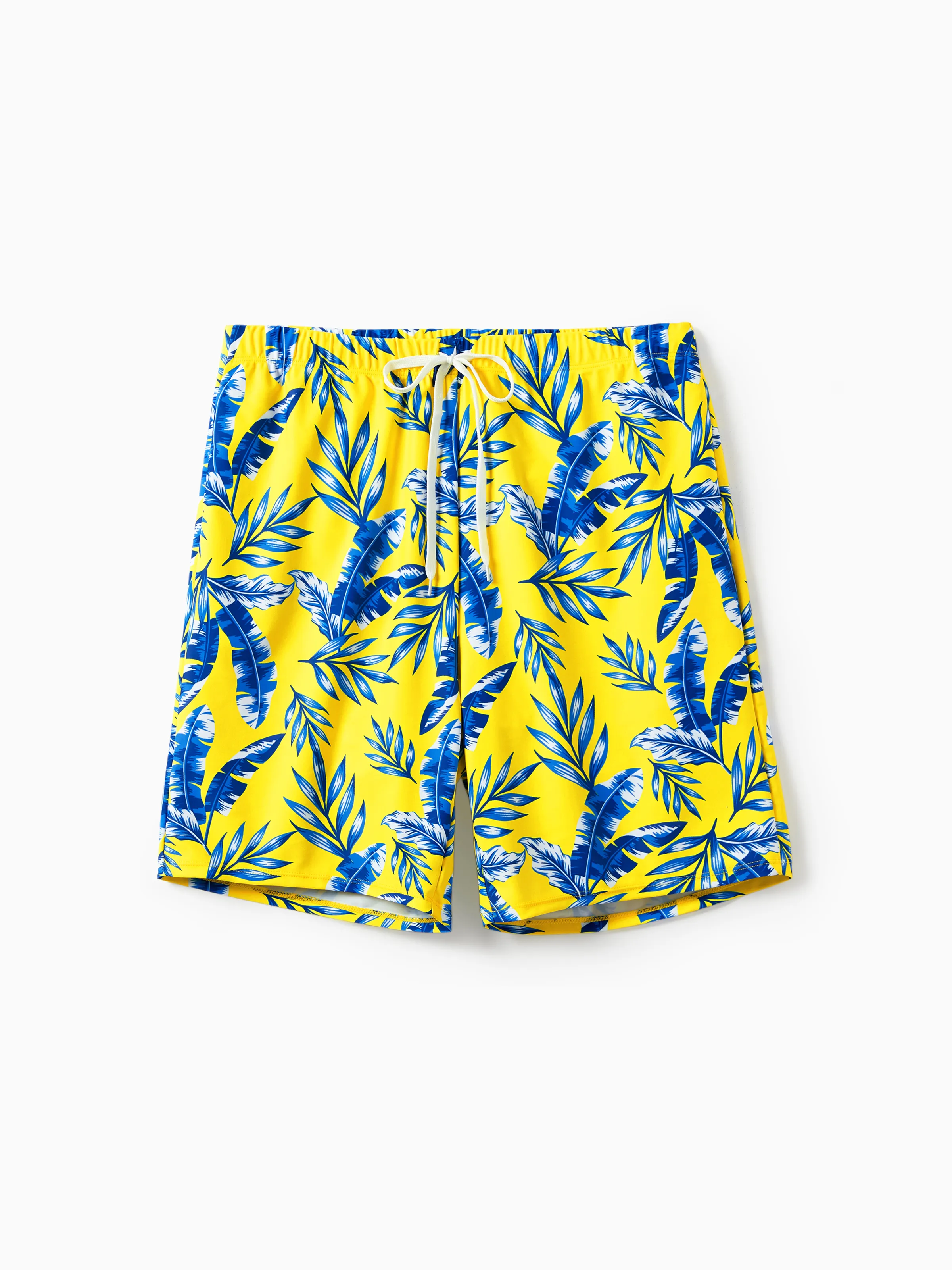 

Family Matching Yellow Leaf Print Swim Trunks or Ruched Flutter Sleeve Bikini with Optional Swim Cover Up