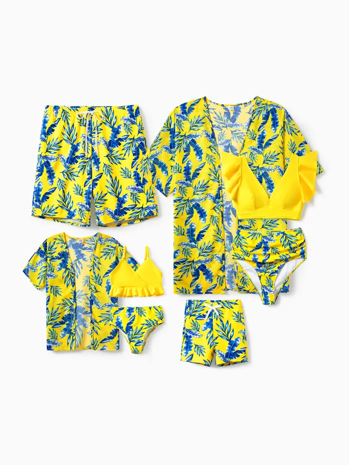 Family Matching Yellow Leaf Print Swim Trunks or Ruched Flutter Sleeve Bikini with Optional Swim Cover Up