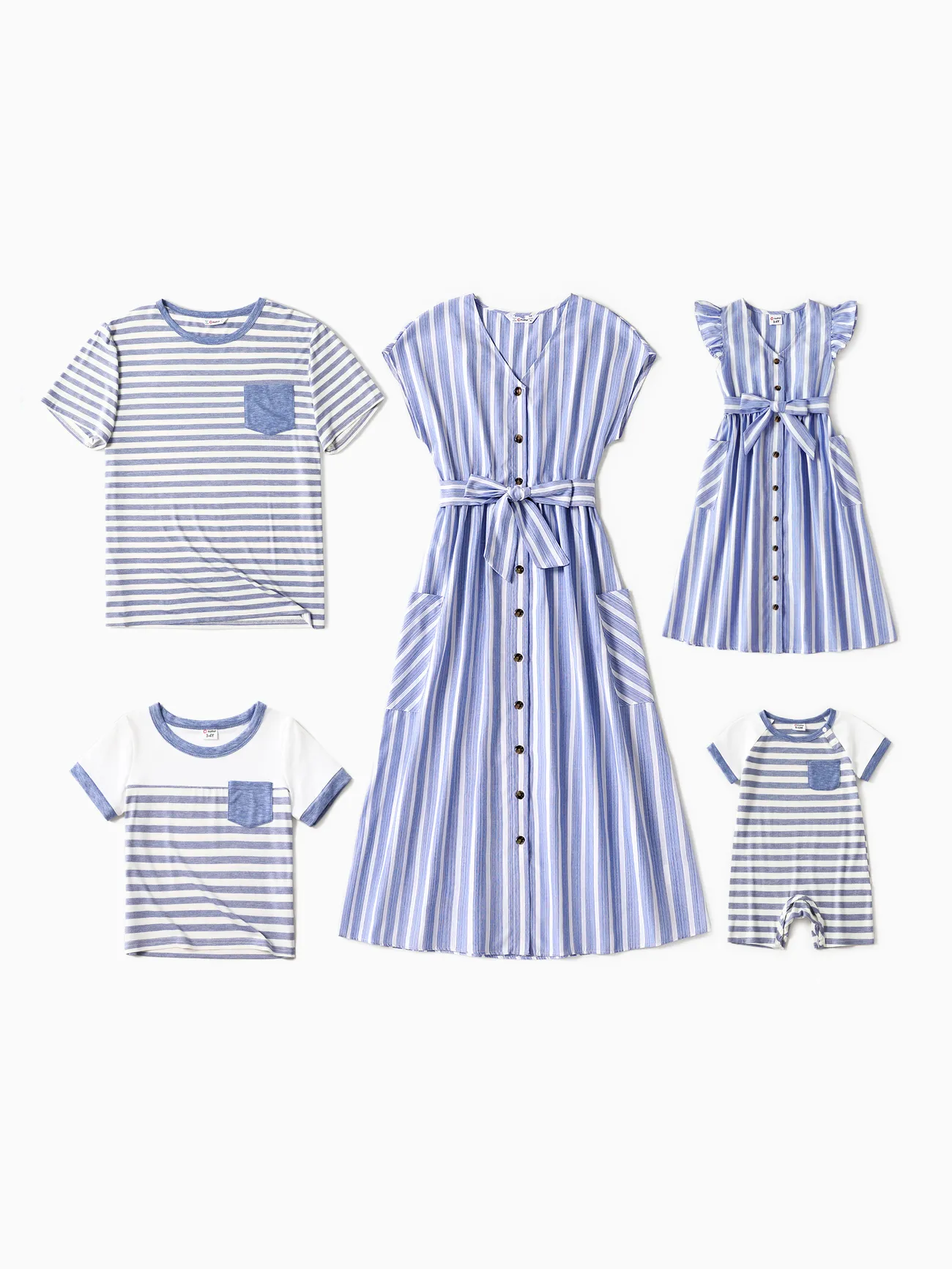 Family Matching Sets Short-sleeve T-shirts or Blue Striped V Neck Drop Shoulder Button Up Belted Dresses with Pockets - Blue - image 1