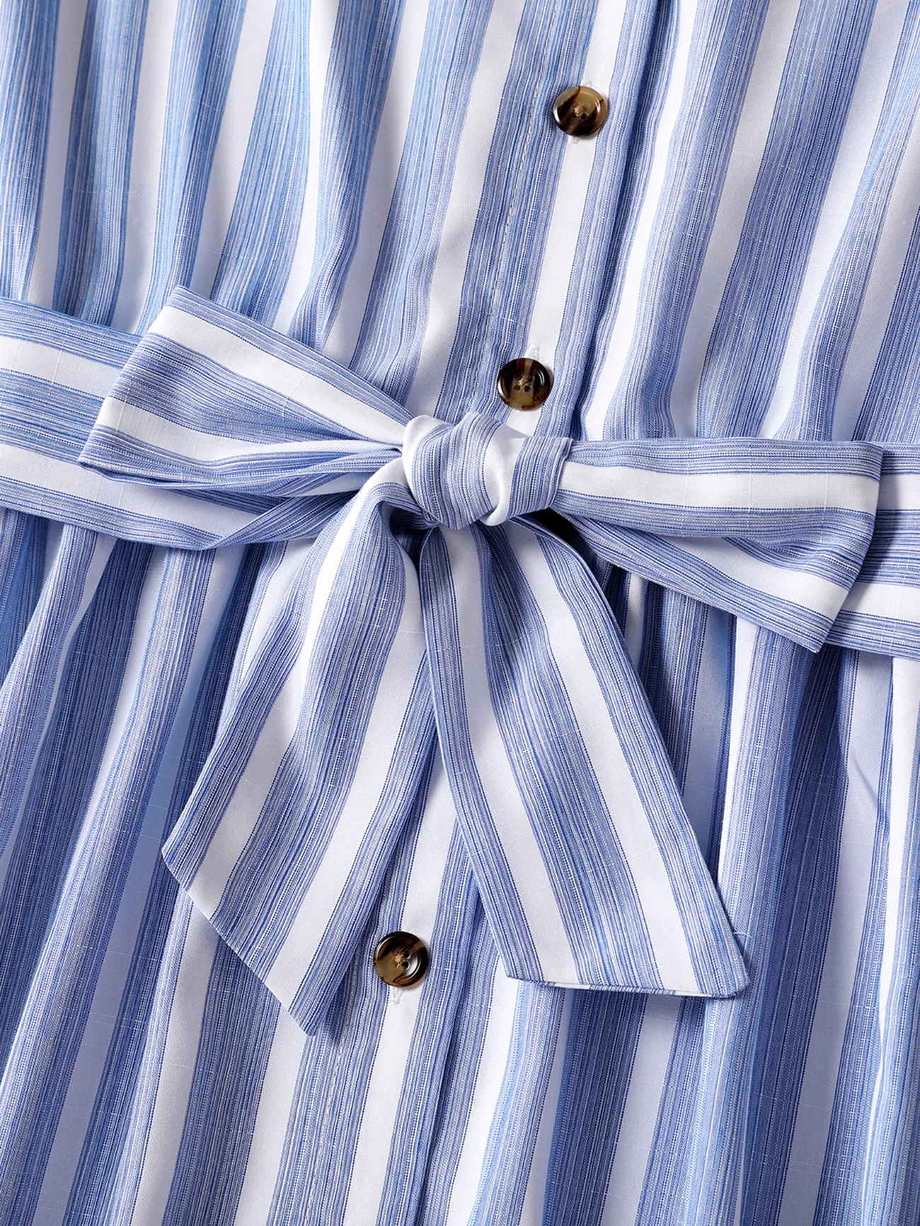 Girl - Family Matching Sets Short-sleeve T-shirts or Blue Striped V Neck Drop Shoulder Button Up Belted Dresses with Pockets - Blue - image 8