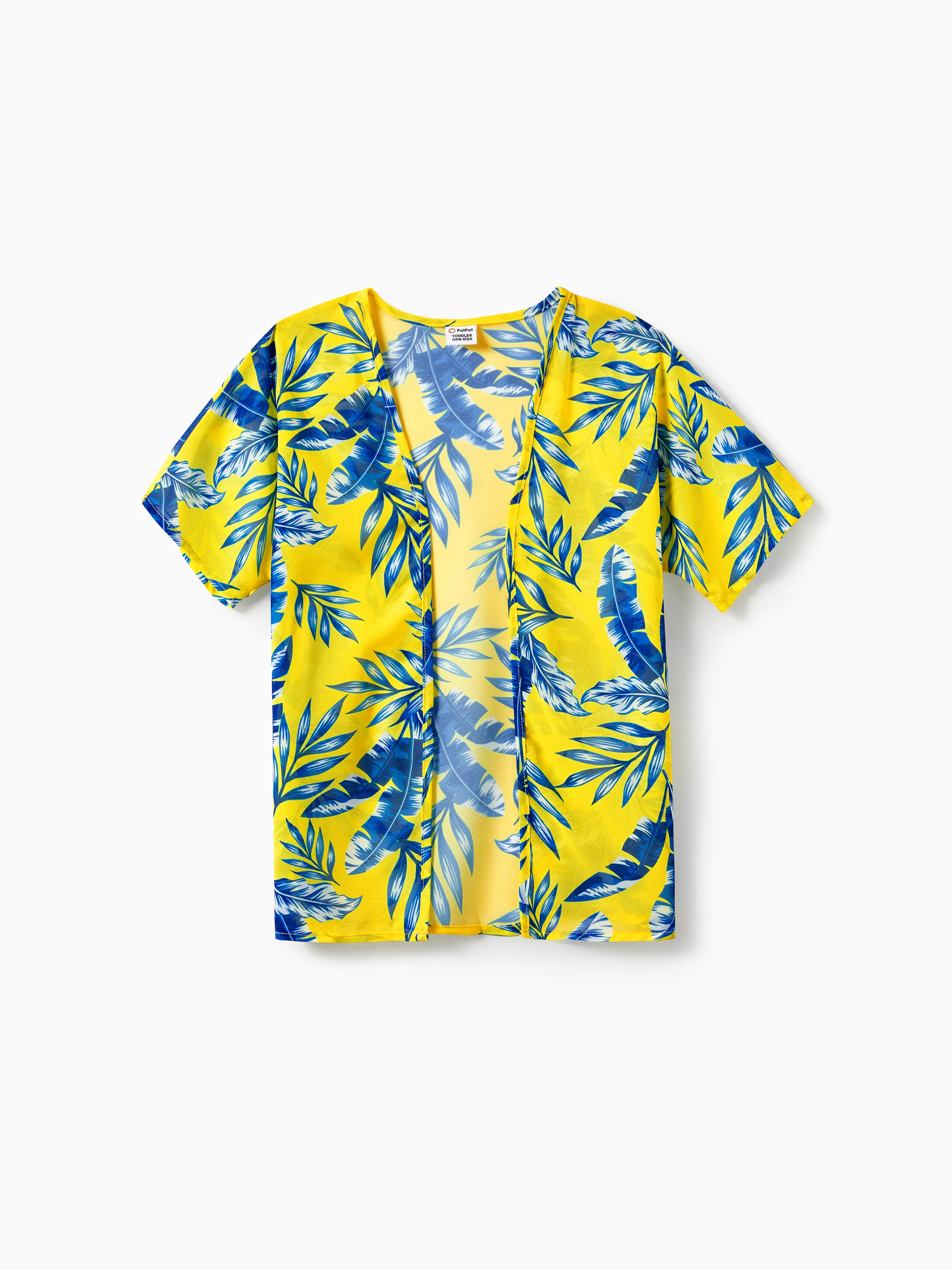 

Family Matching Yellow Leaf Print Swim Trunks or Ruched Flutter Sleeve Bikini with Optional Swim Cover Up