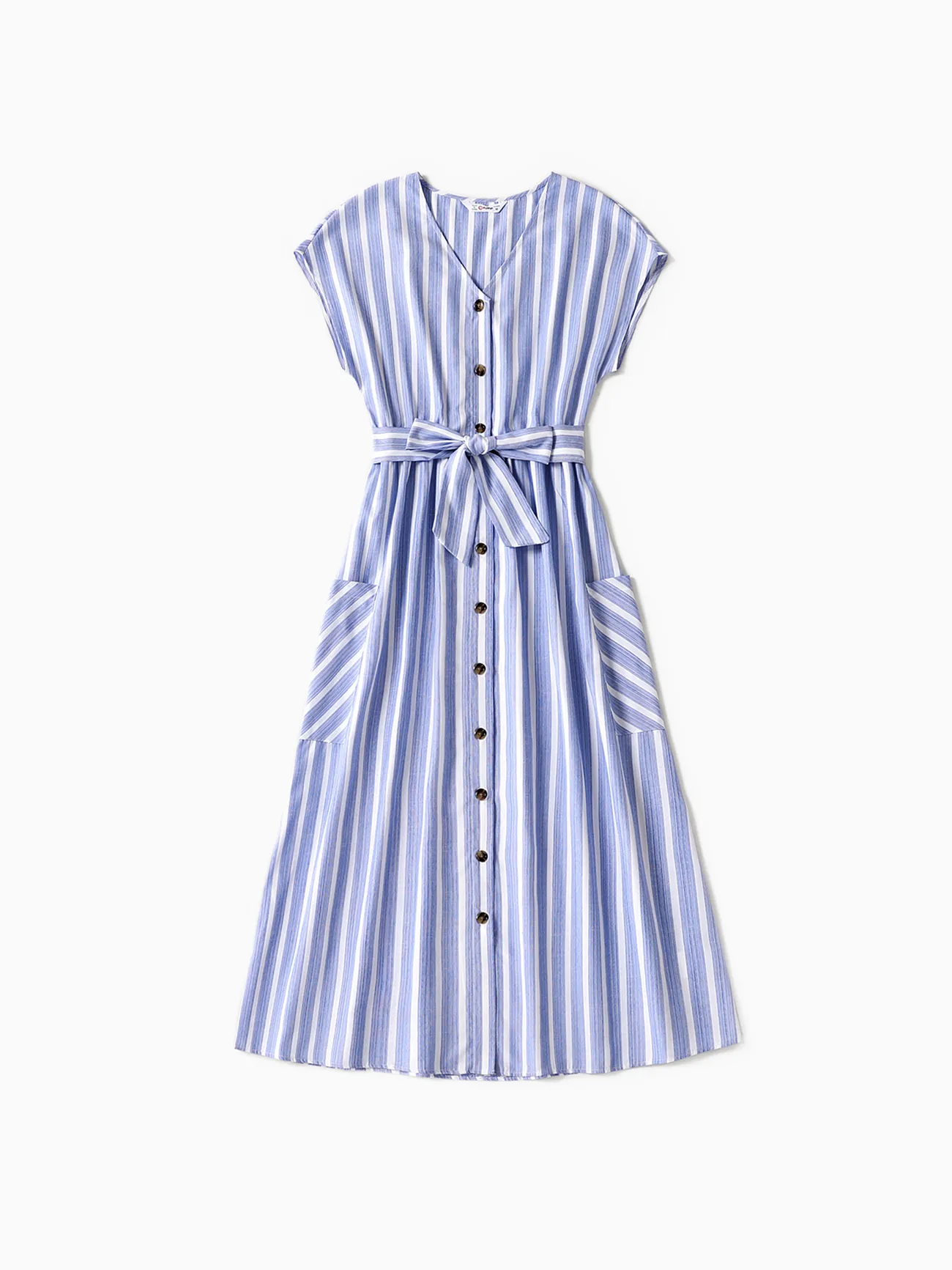 Women - Family Matching Sets Short-sleeve T-shirts or Blue Striped V Neck Drop Shoulder Button Up Belted Dresses with Pockets - Blue - image 2