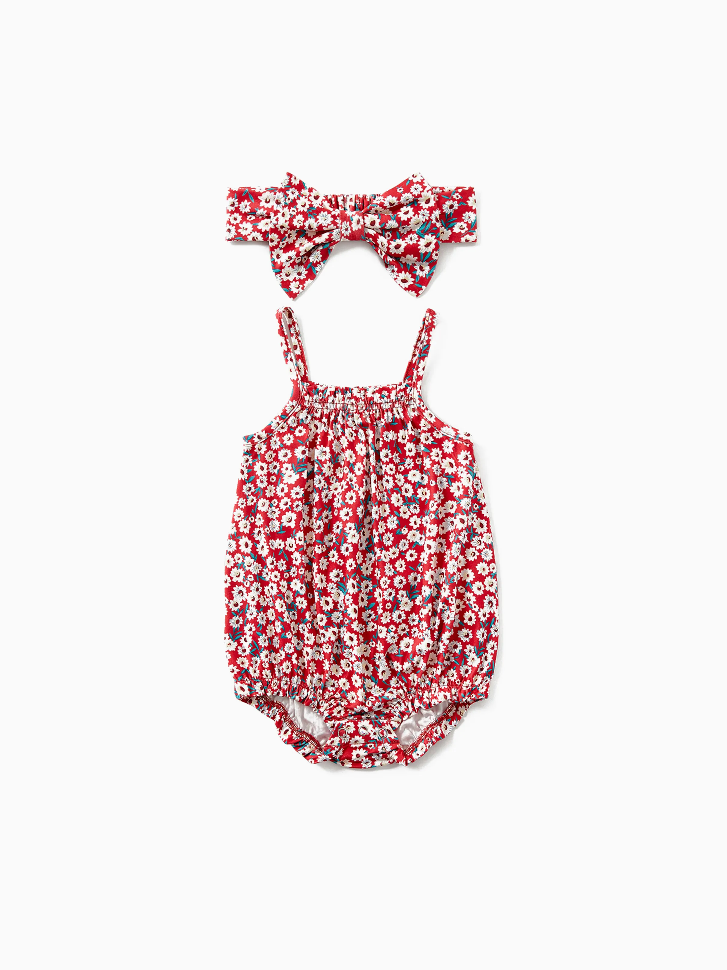 

All Over Red Floral Print Spaghetti Strap Drawstring Ruched Bodycon Dress for Mom and Me