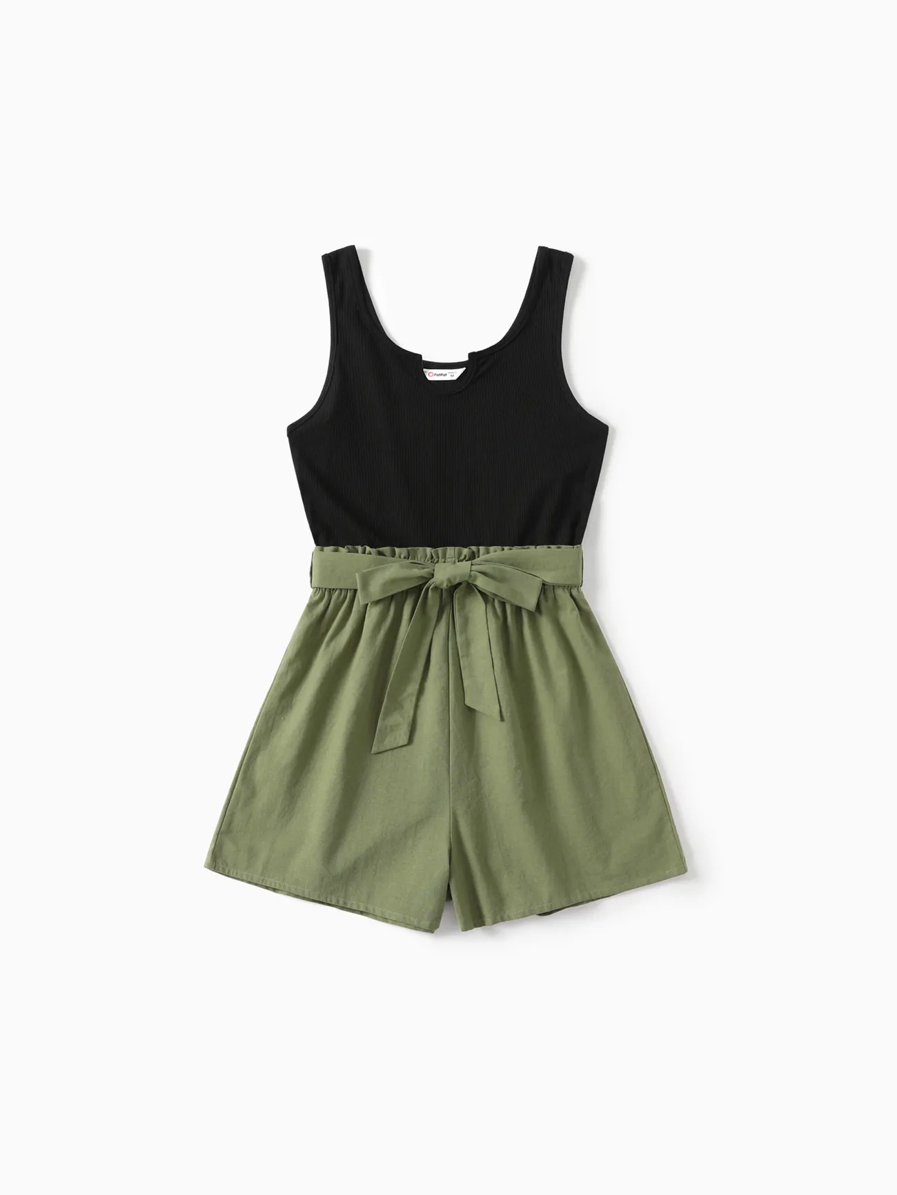 100% Cotton Ribbed and Solid Splicing Sleeveless Belted Romper for Mom and Me