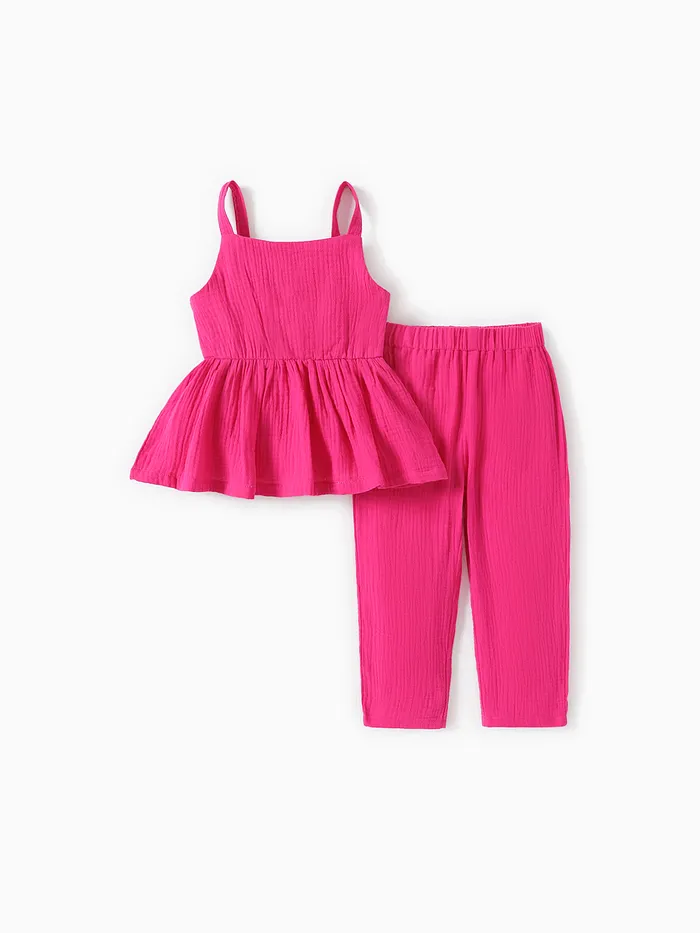 2pcs Toddler Girl 100% Cotton Solid Color Peplum Tank Top and Pants Set