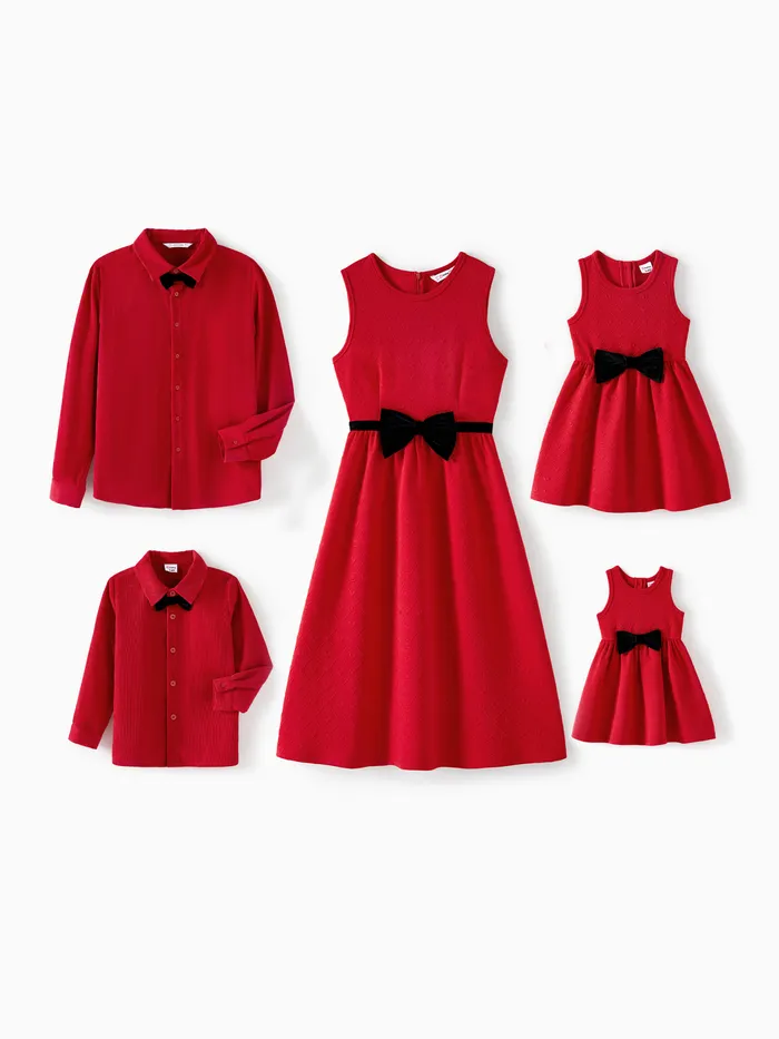 Family Matching Bow Front Red Heart Textured Tank Dresses and Long-sleeve Corduroy Shirts Sets