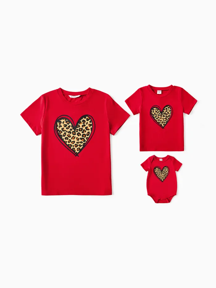 Mommy and Me Cotton Short-sleeve Leopard Heart Print Red T-shirts