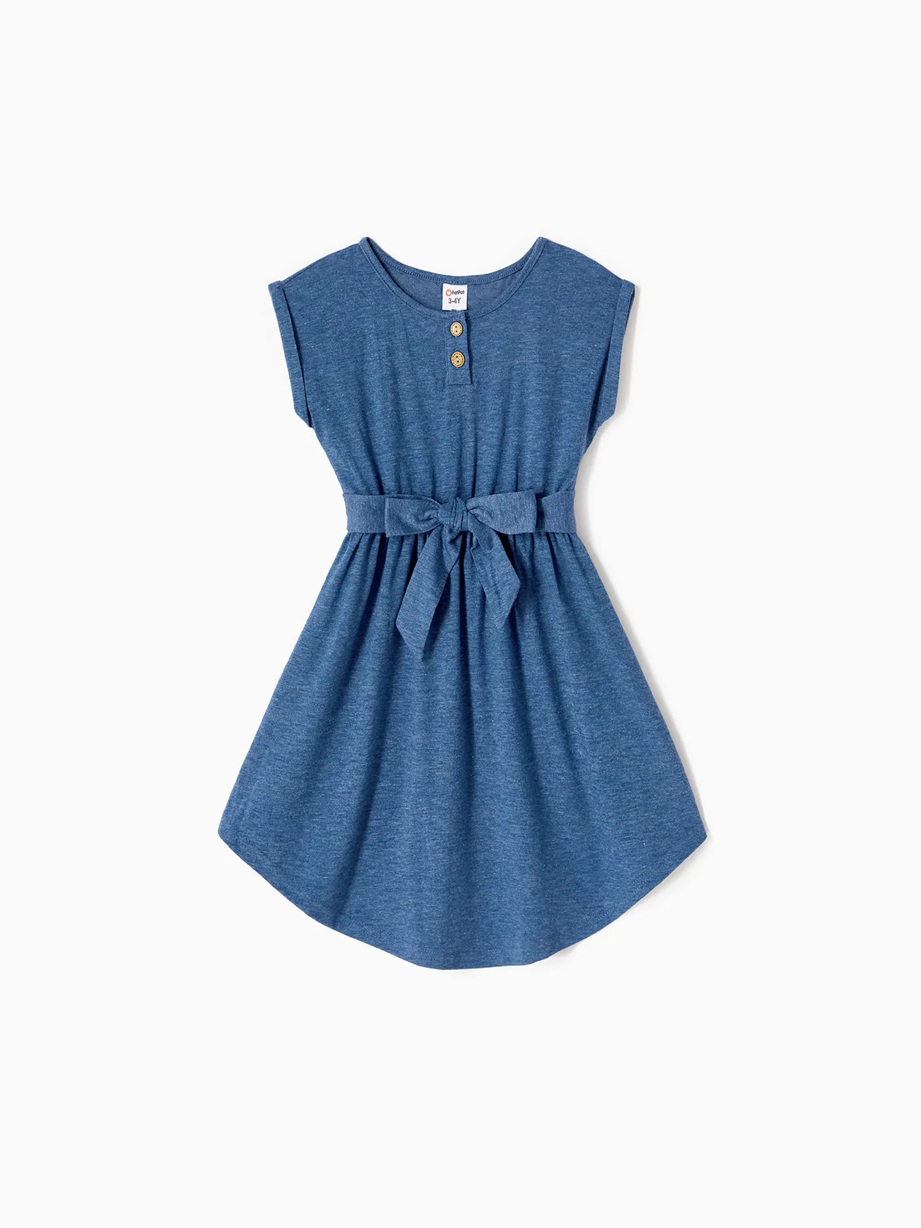 Girl - Family Matching Soft Casual Outfit with Below Knee Dresses, Front Buttons, Belted Design - Blue - image 7