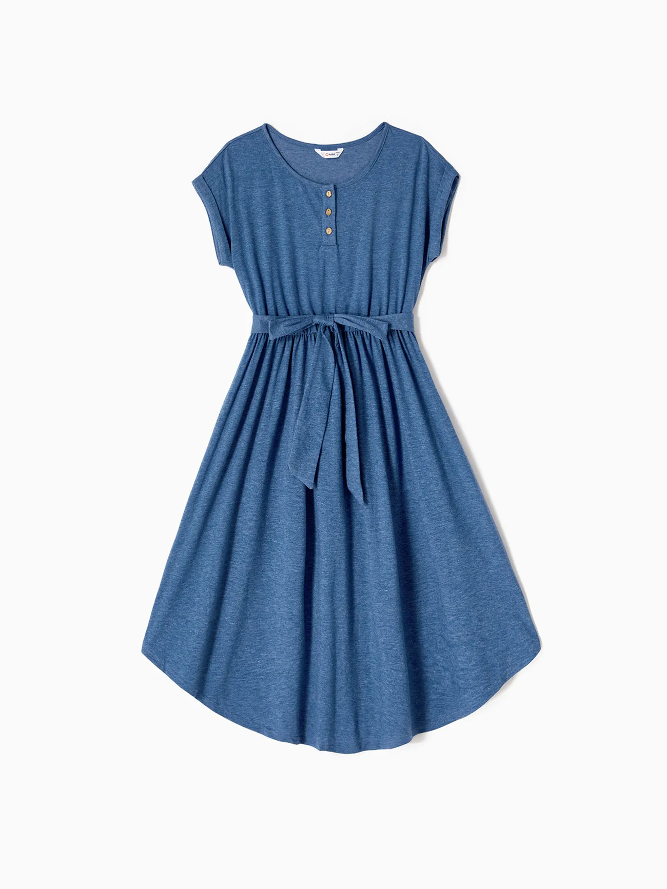 Women - Family Matching Soft Casual Outfit with Below Knee Dresses, Front Buttons, Belted Design - Blue - image 2