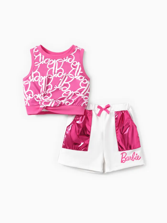 Barbie 2pcs criança / crianças meninas cintura-torção/recorte tanque top com shorts de bolso conjunto
