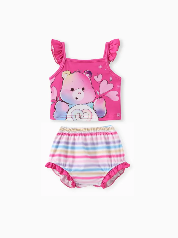 Cuidados Ursos Baby Girls 2pcs Rainbow listrado Heat Print Flutter-sleeve Top com conjunto de capa de fralda