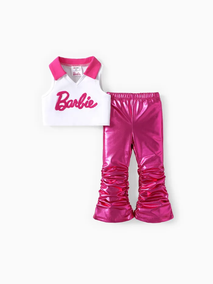 Barbie Toddler/Kids Girls 2pcs Sleeveless Polo Shirt with Metallic Reflective Flare Stretch Pants Set