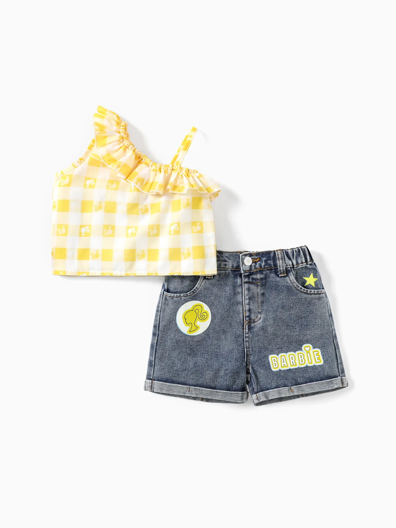 

Barbie 2pcs Toddler/Kids Girls One-shoulder Checkered/Plaid Tank Top with Denim Shorts Set