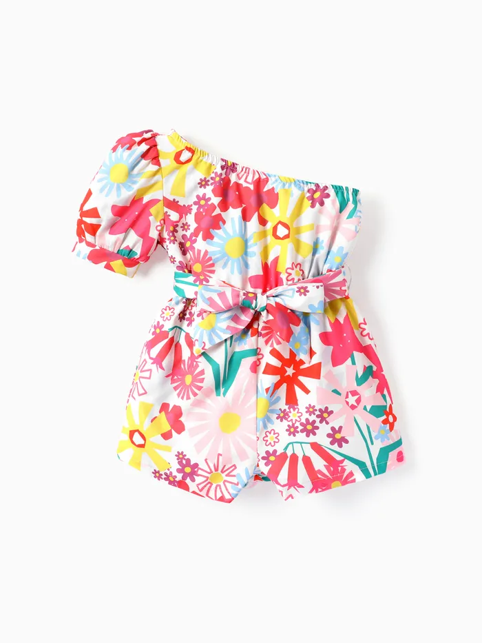 Toddler Girl Floral Print One Shoulder Sleeve Jumpsuit wiht Belt